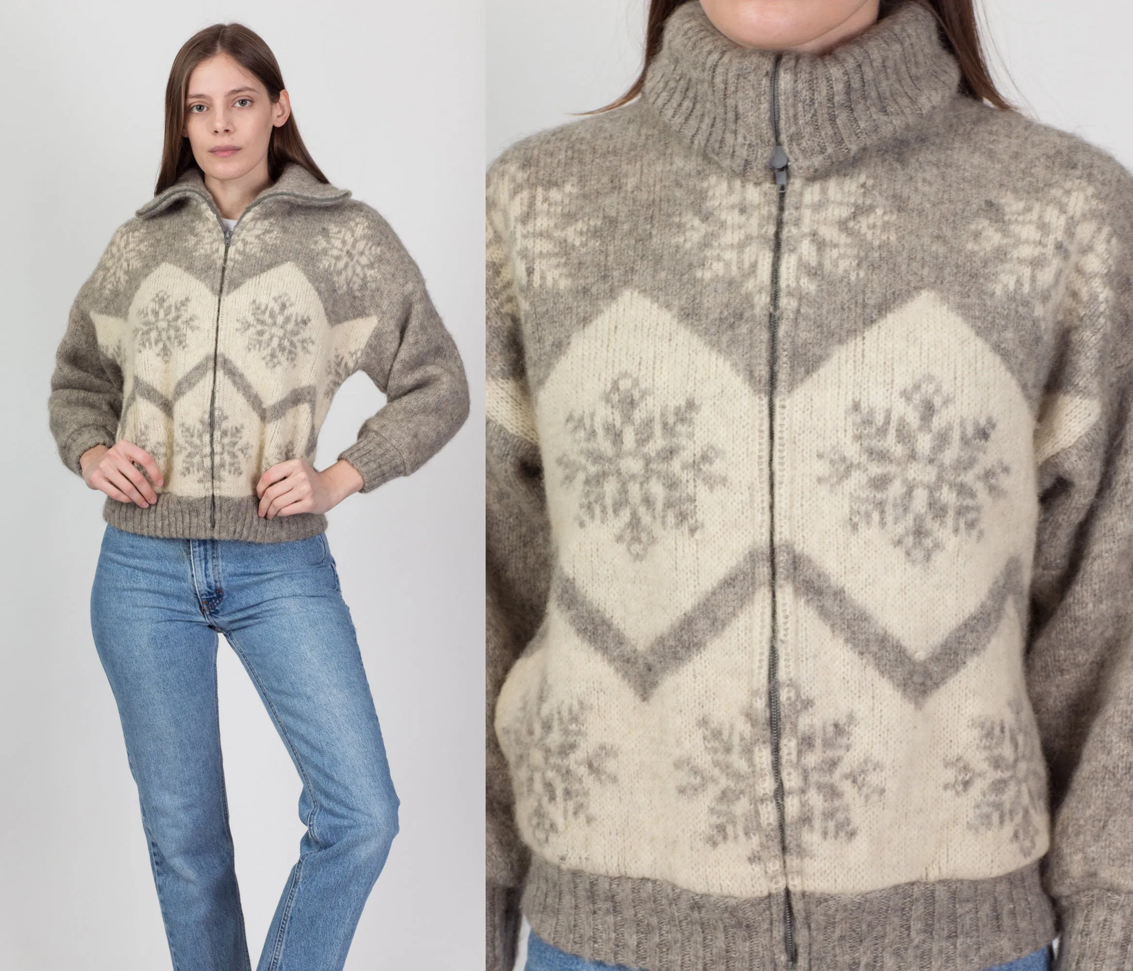 70s Hilda Icelandic Cropped Snowflake Sweater Coat - Women's Small