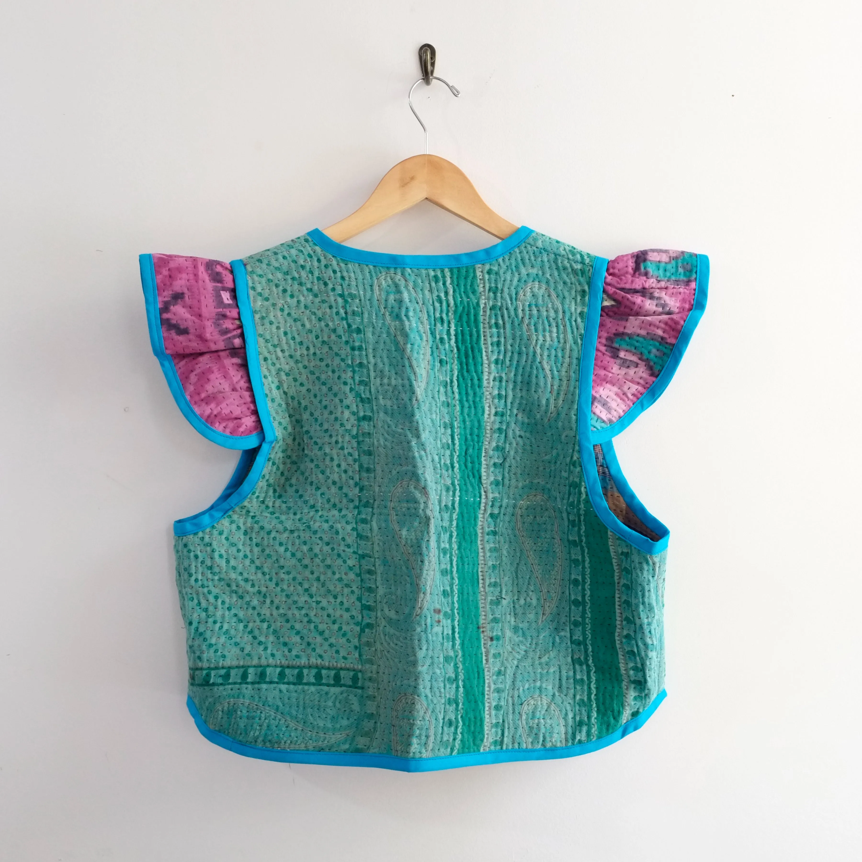 Amelia Flutter Sleeve Vest Seagreen with Mini Circles L020