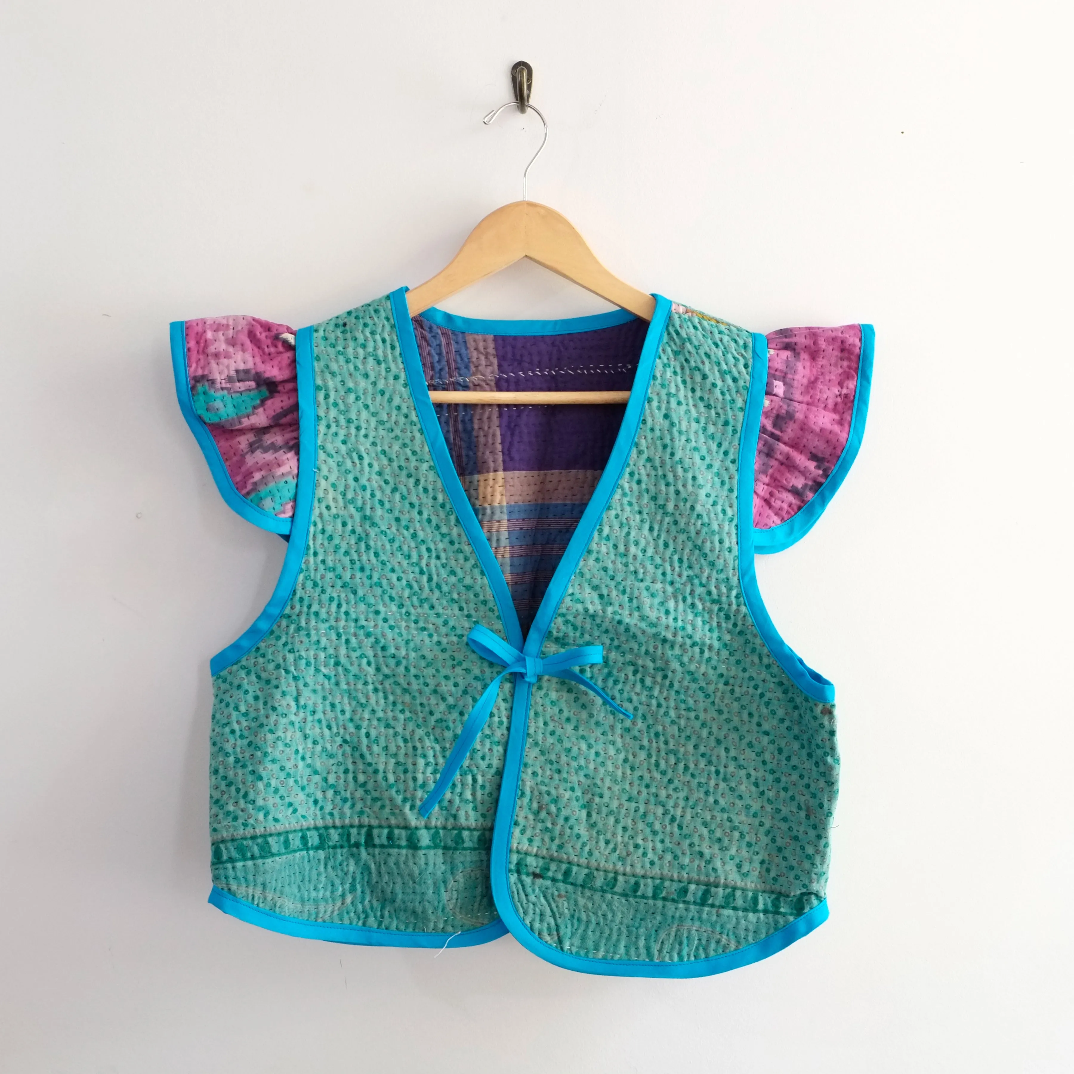 Amelia Flutter Sleeve Vest Seagreen with Mini Circles L020