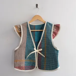 Amelia Flutter Sleeve Vest Teal and Tan Plaid S011