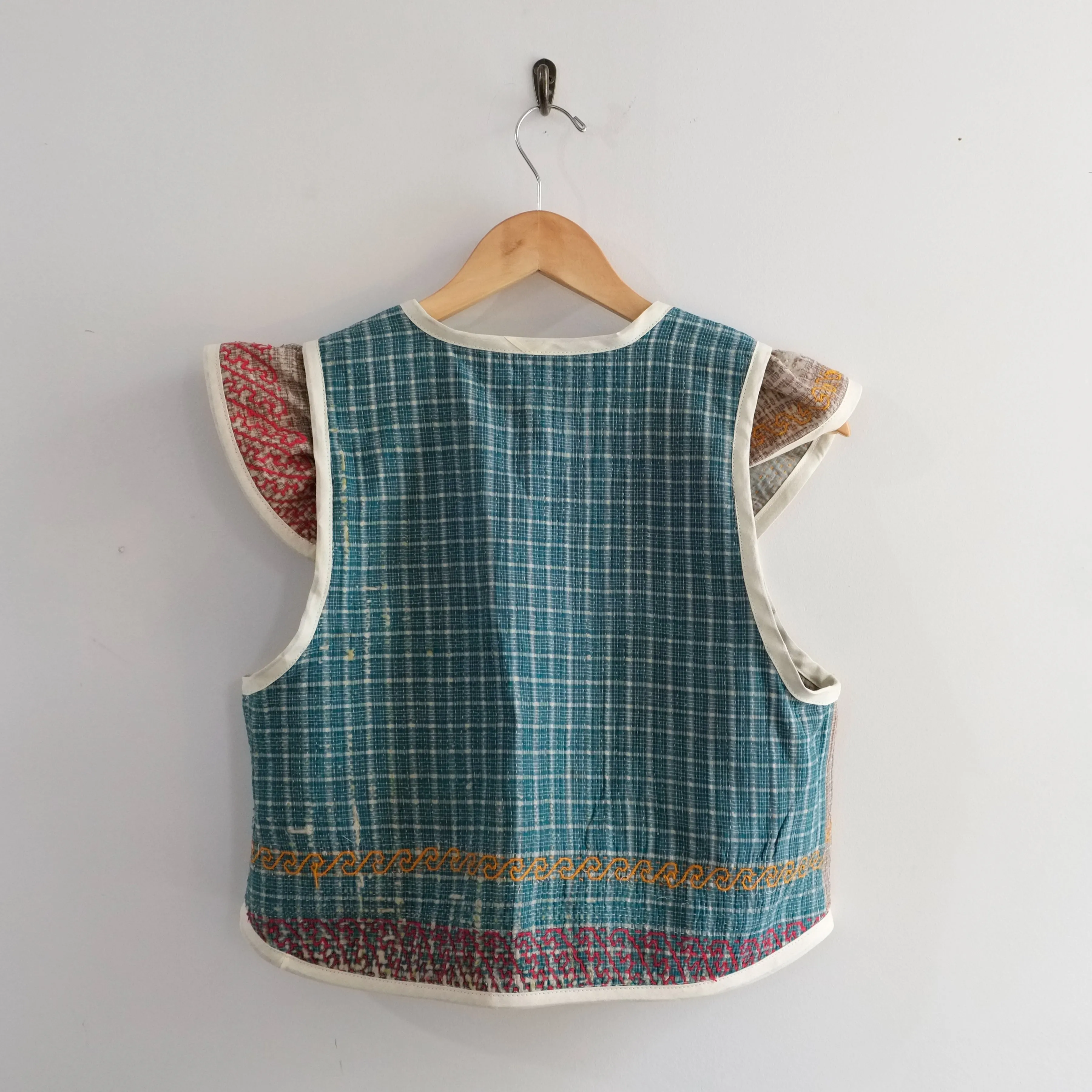 Amelia Flutter Sleeve Vest Teal and Tan Plaid S011