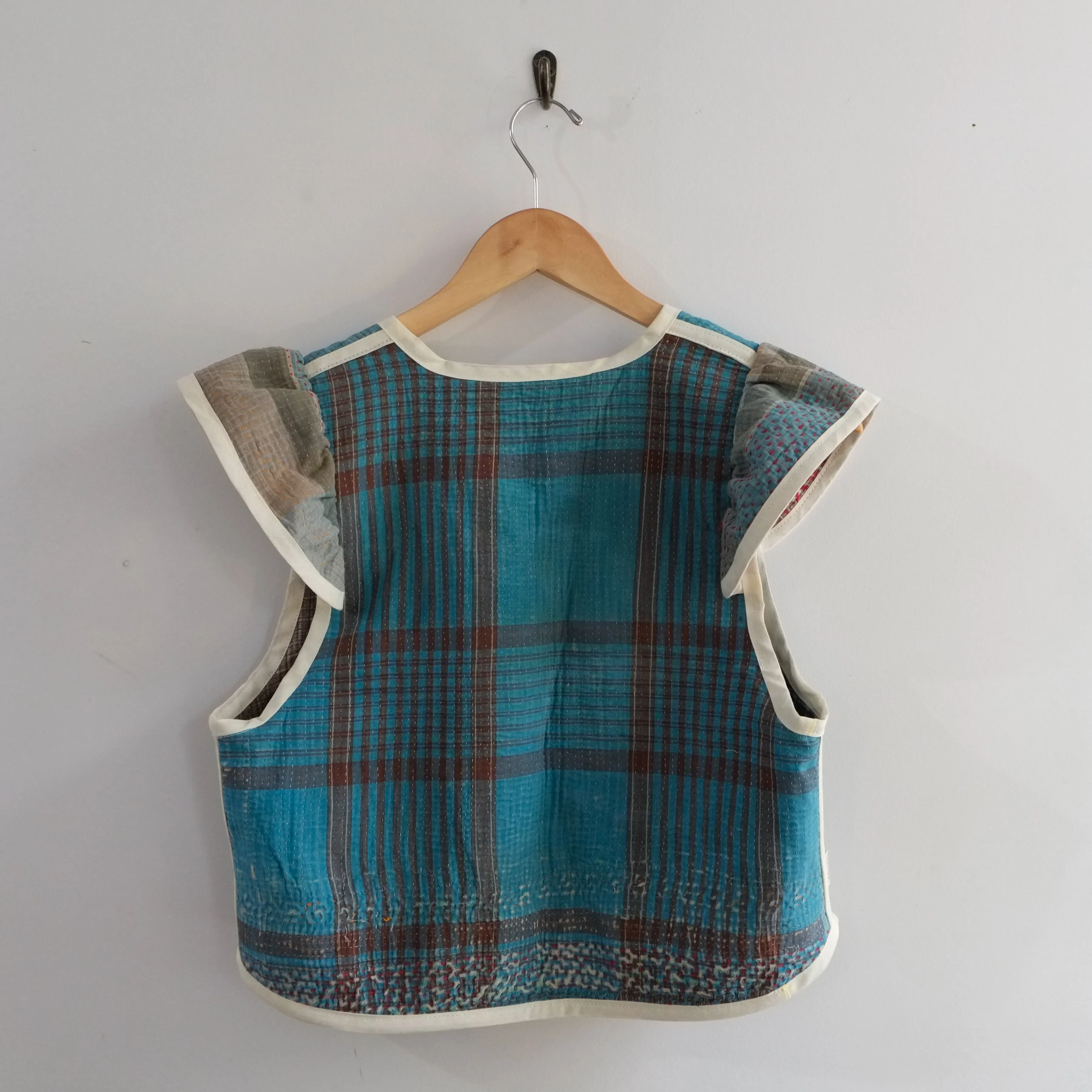 Amelia Flutter Sleeve Vest Teal and Tan Plaid S011