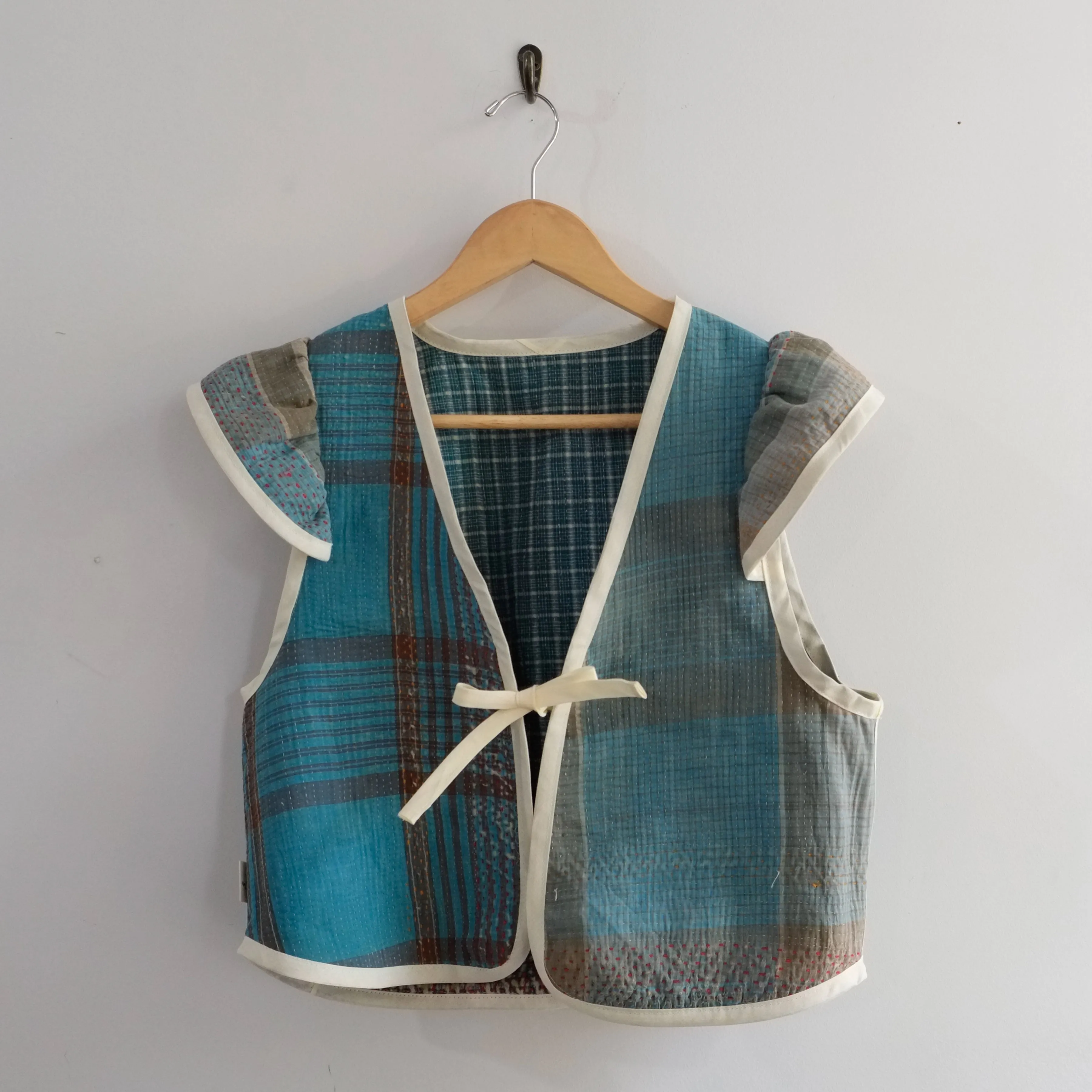 Amelia Flutter Sleeve Vest Teal and Tan Plaid S011