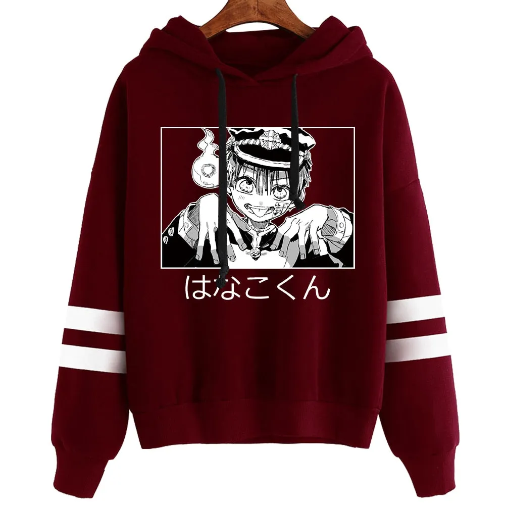 Anime Toilet Bound Hanako Kun Hoodies Women Kawaii Winter Warm Tops Cartoon Graphic Striped Hooded Sweatshirt Pullover Tops