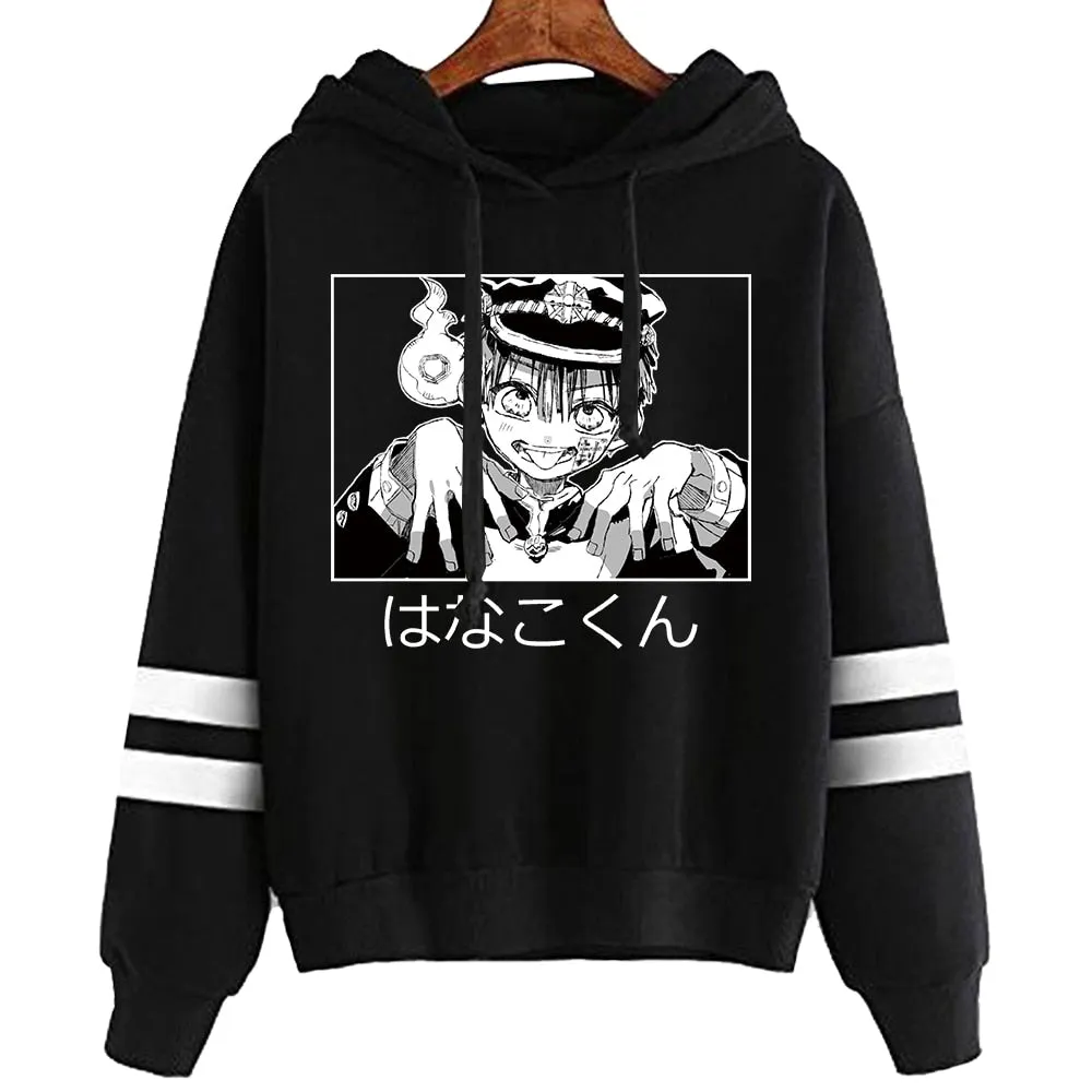 Anime Toilet Bound Hanako Kun Hoodies Women Kawaii Winter Warm Tops Cartoon Graphic Striped Hooded Sweatshirt Pullover Tops