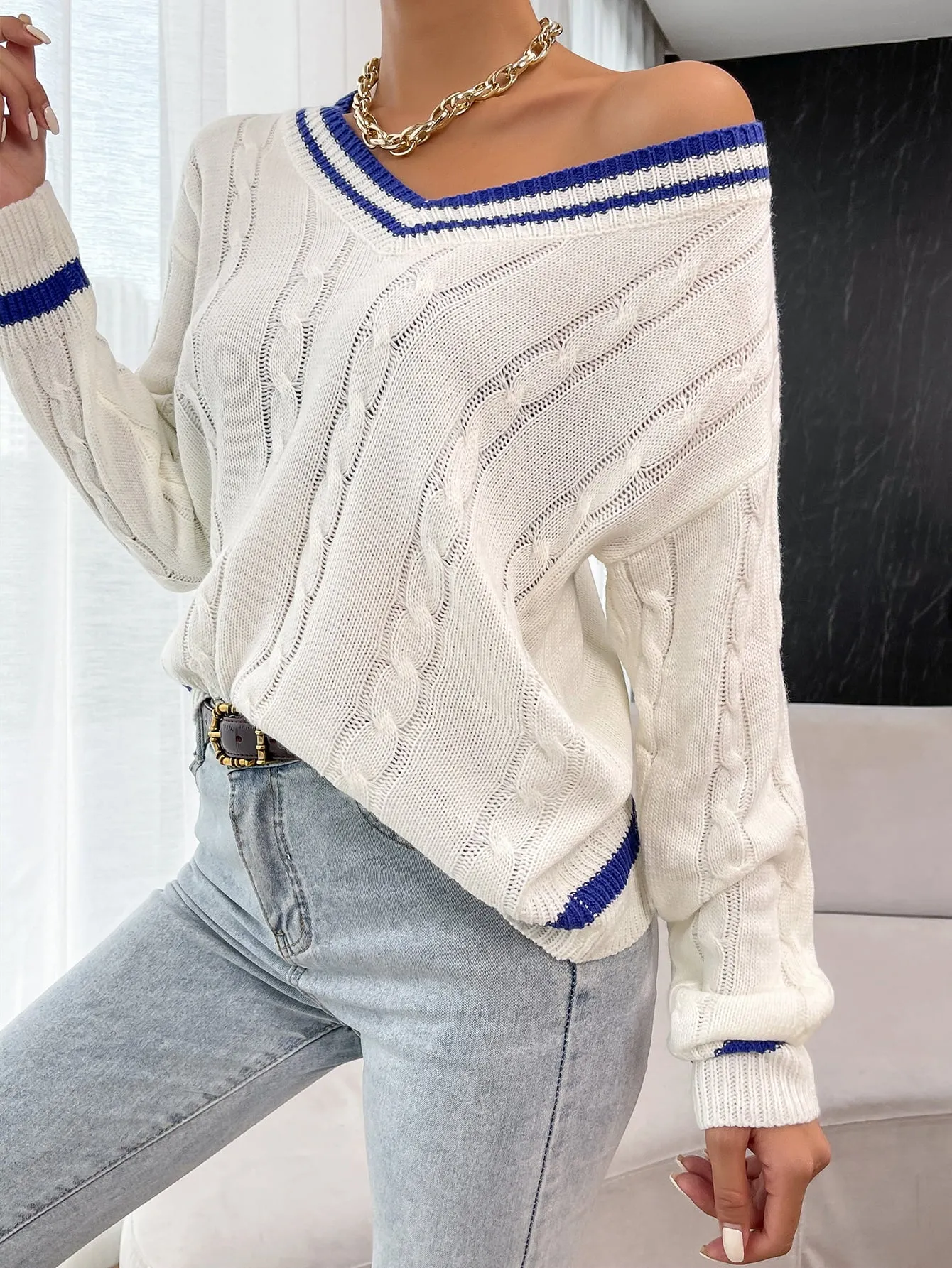 Bohemian Varsity V-Neck Cable-Knit Sweater