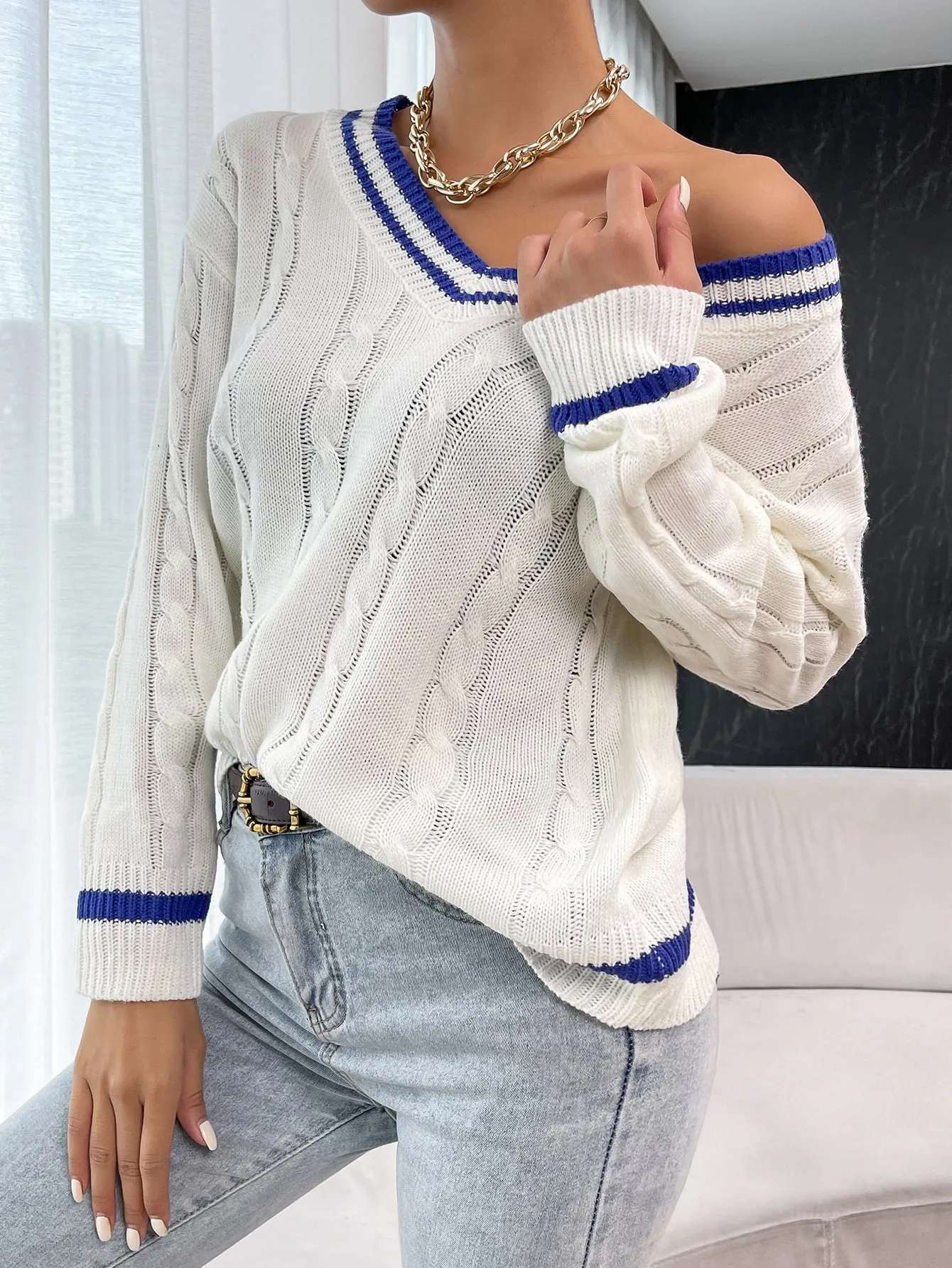 Bohemian Varsity V-Neck Cable-Knit Sweater