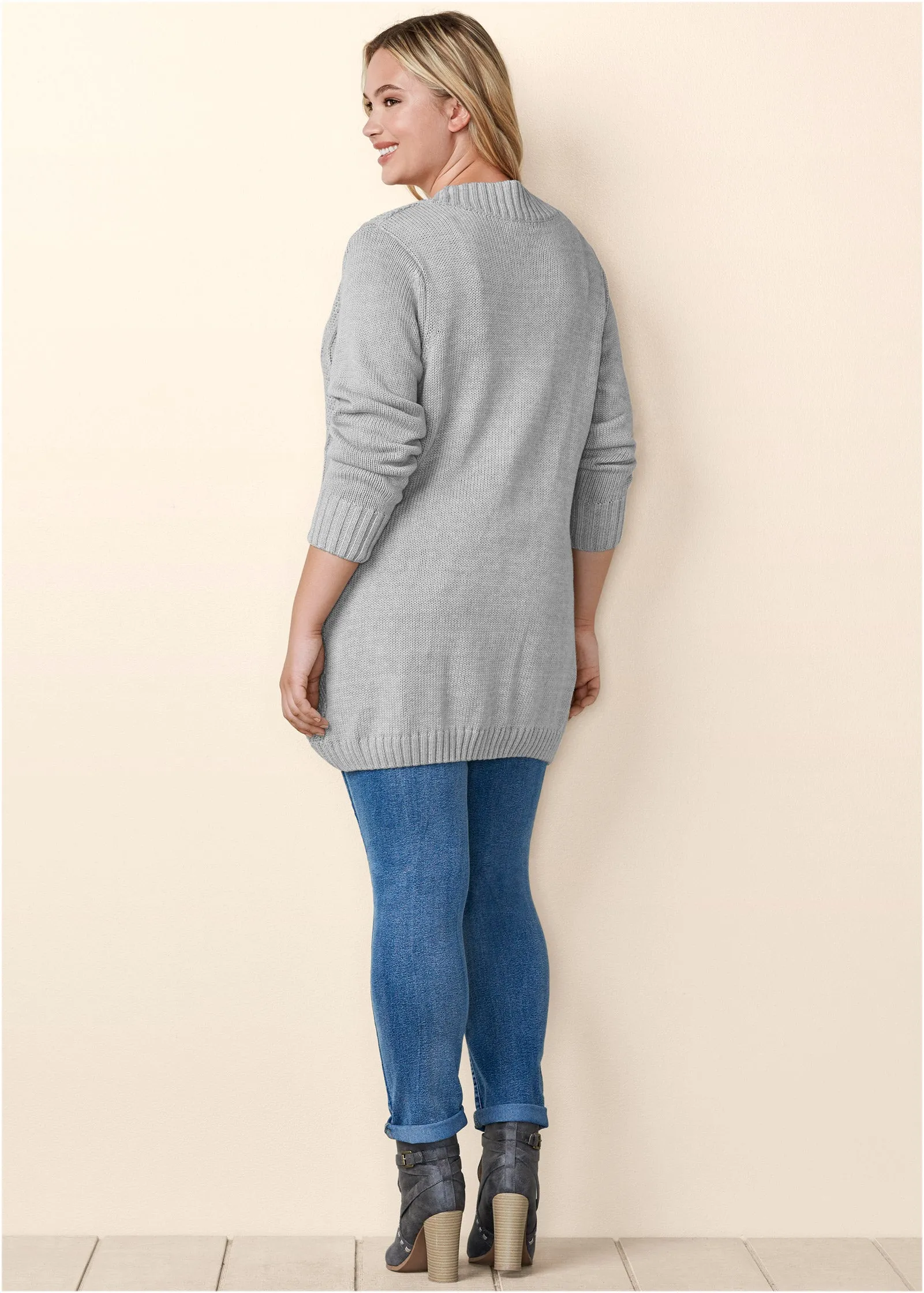 Button-Front Knit Cardigan - Light Grey