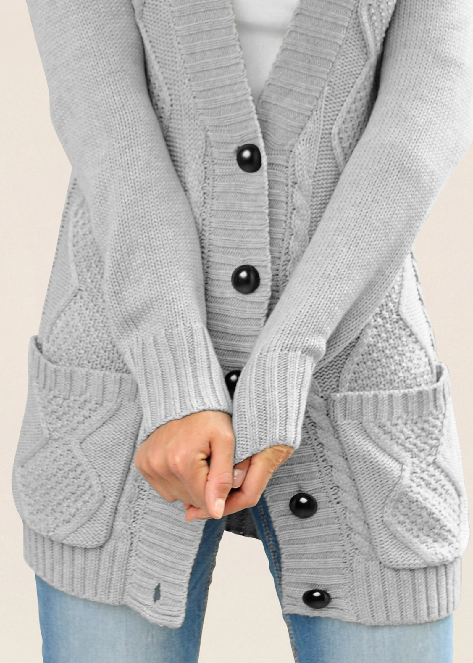 Button-Front Knit Cardigan - Light Grey