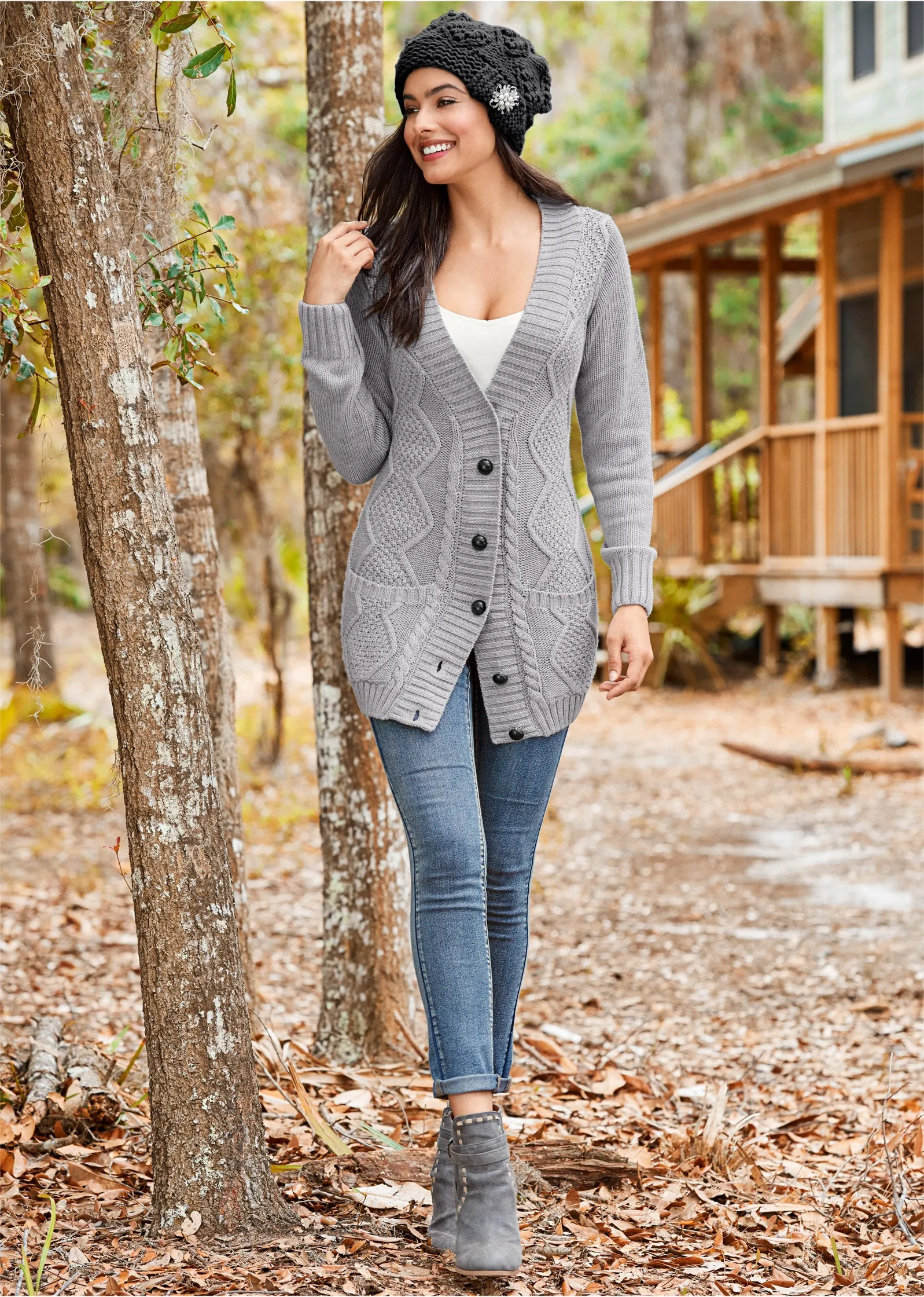 Button-Front Knit Cardigan - Light Grey