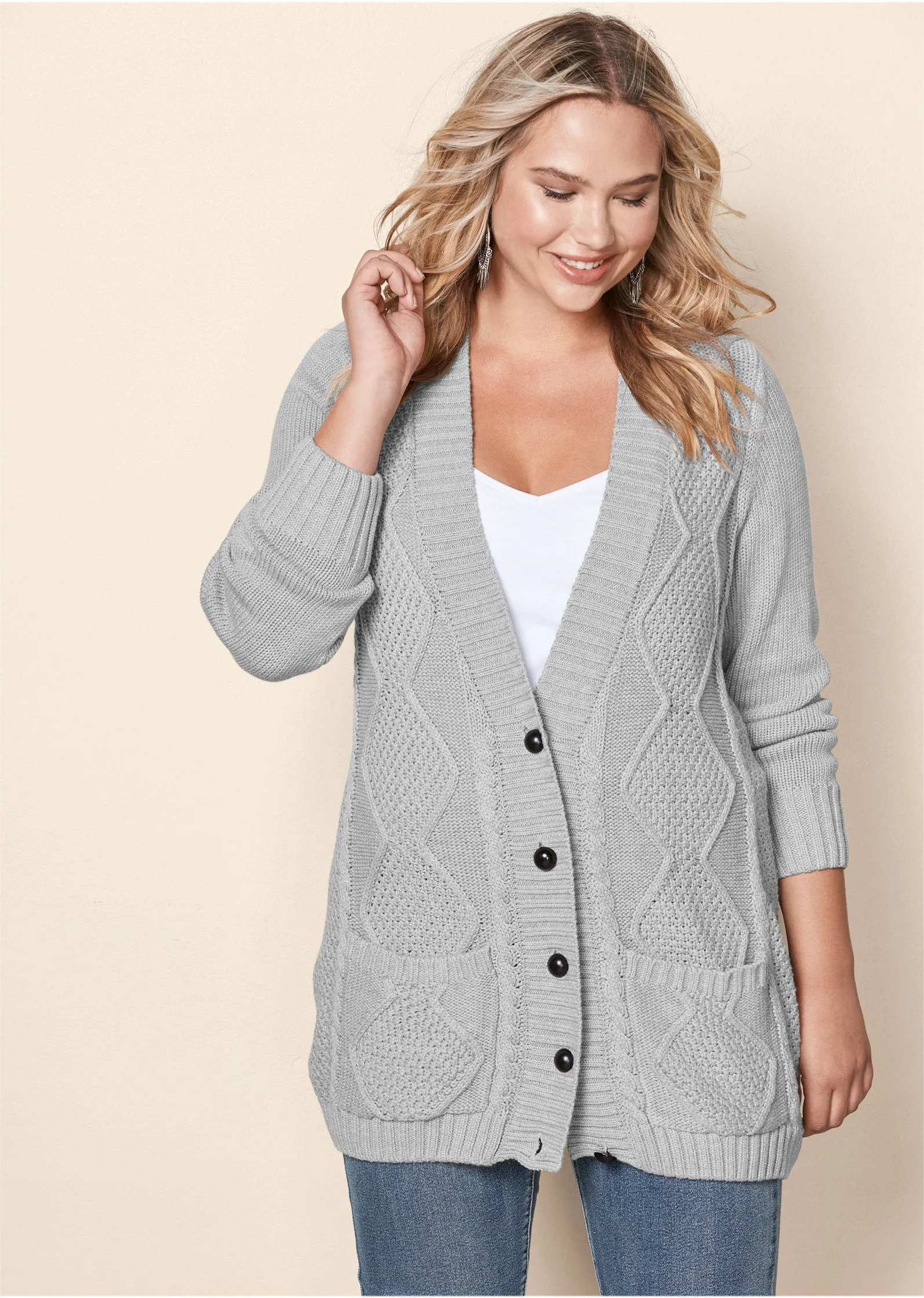 Button-Front Knit Cardigan - Light Grey