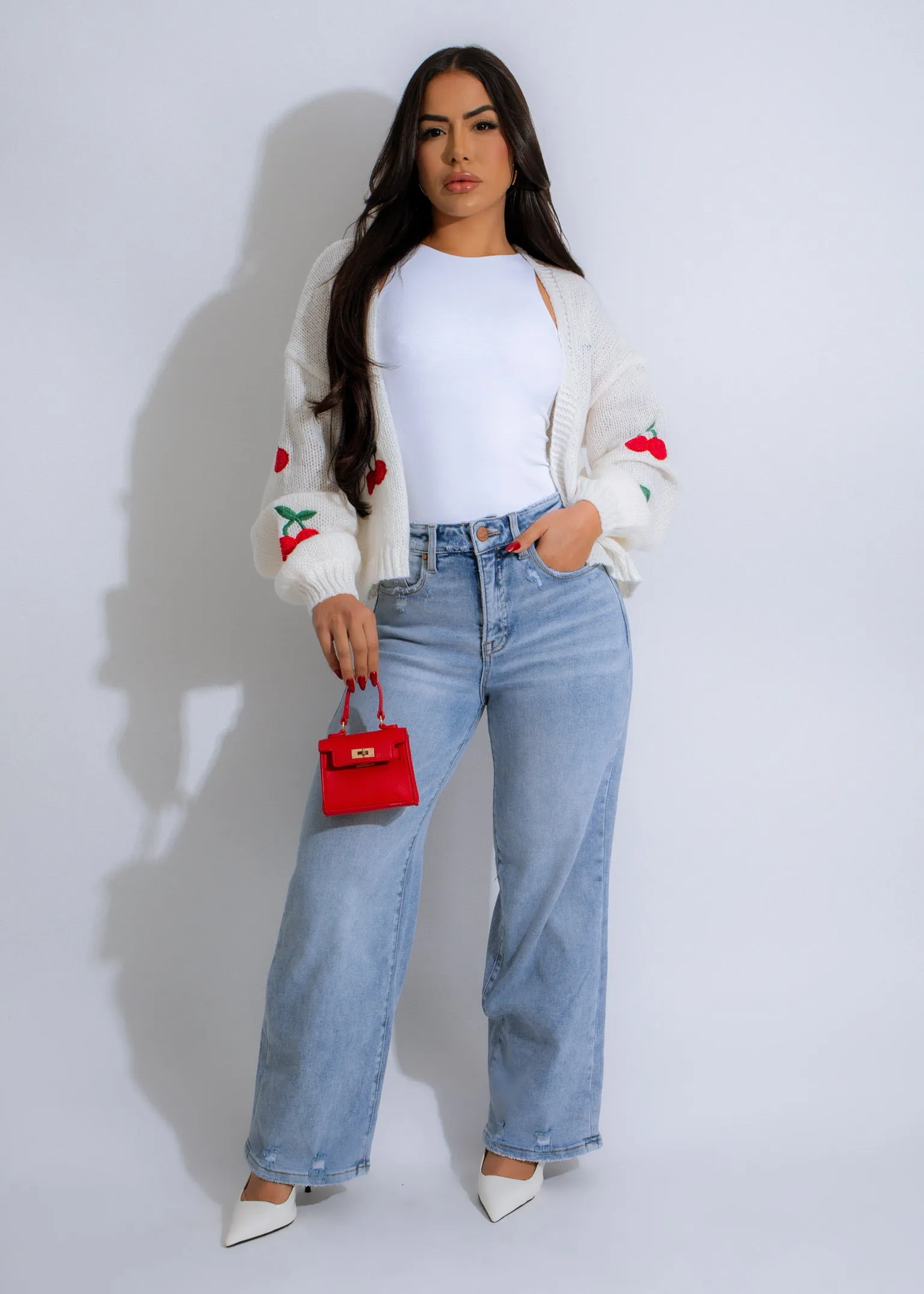 Cherry Delight Knit Sweater White