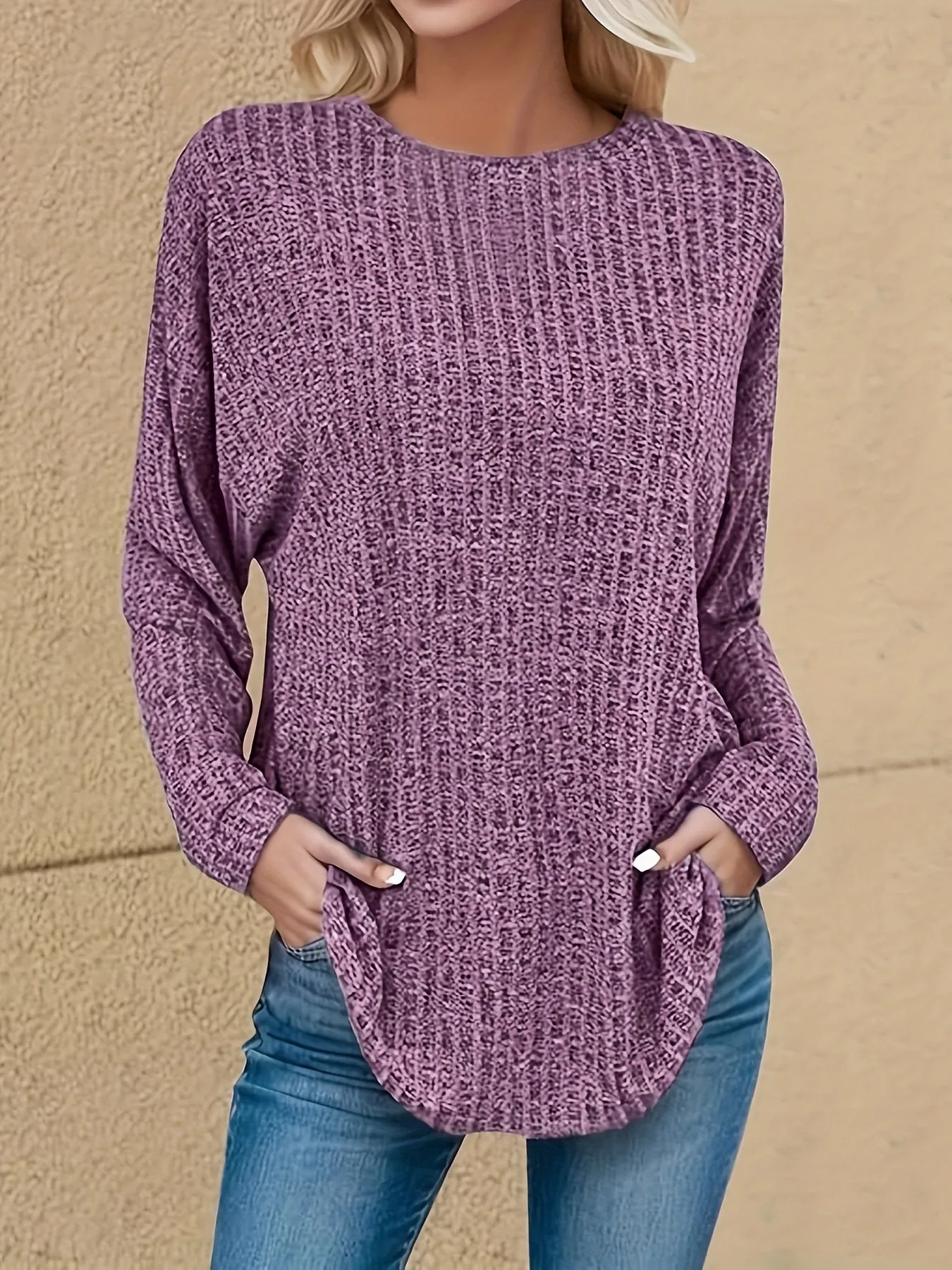 Cozy Ribbed Crew Neck Tee - Soft, Ultra-Relaxed Fit, Classic Long Sleeve Design for Stylish Womens Everyday Wear, Perfect for Casual Occasions