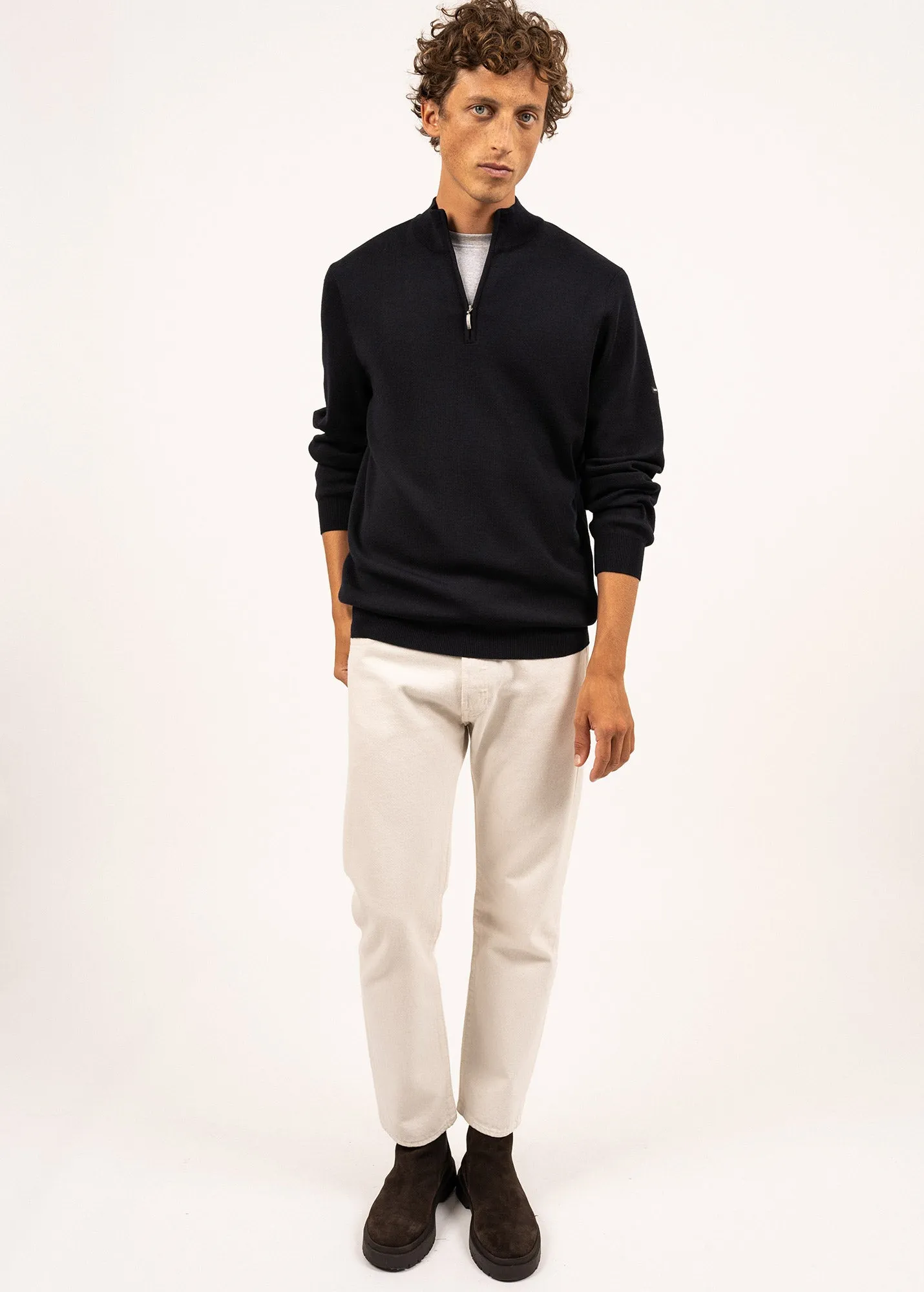 Crossley jumper - with zipped high-neck, in soft wool (NAVY/GRIS)