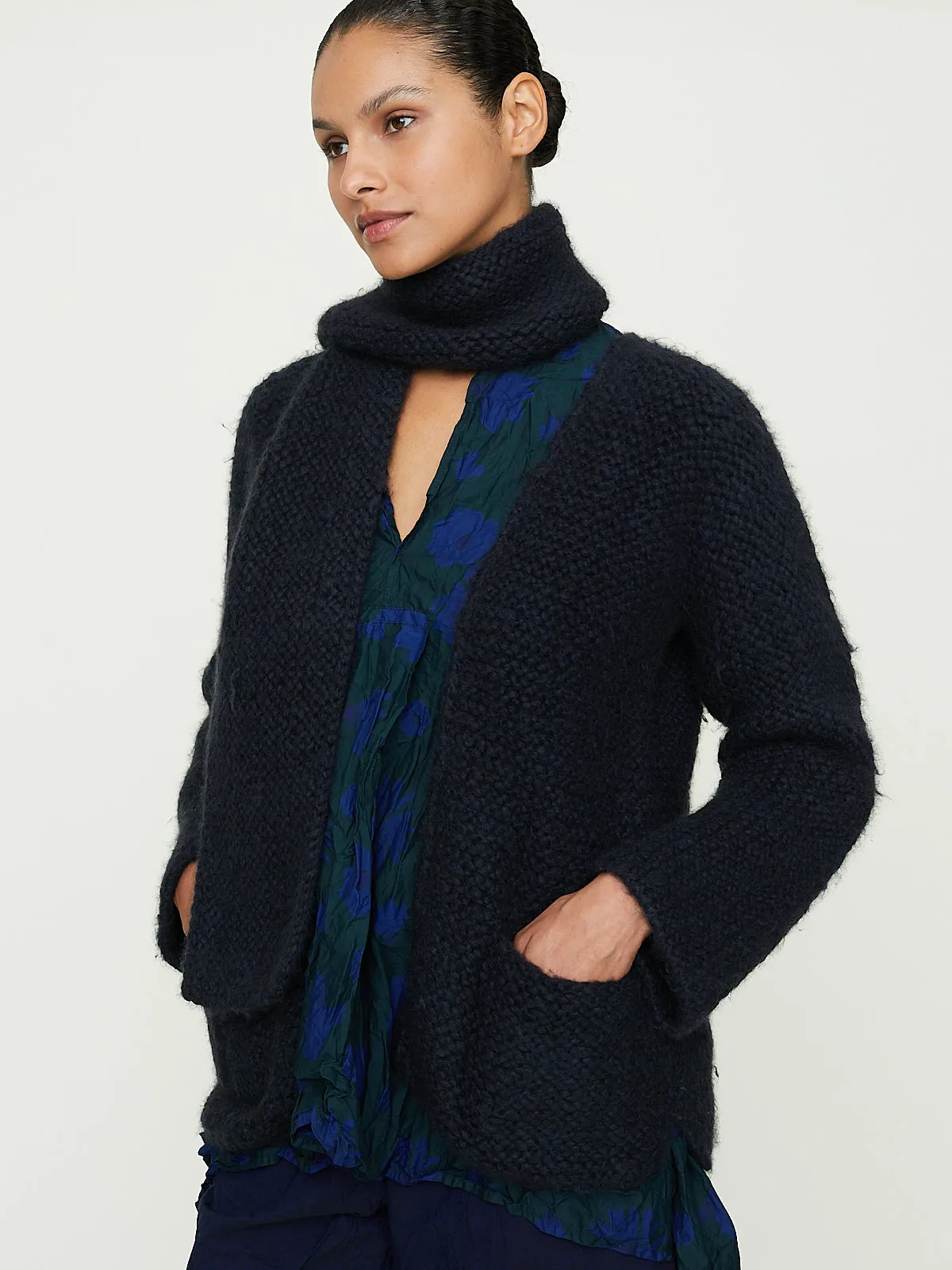 Giacca Legaccio Hand-Knitted Jacket Collo V in Dark Blue