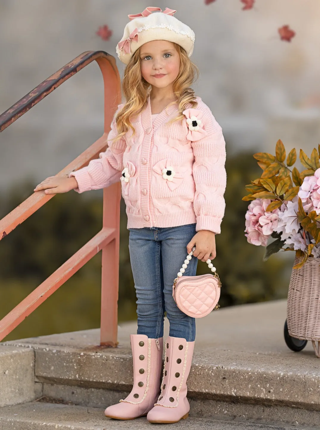 Girls Floral Button-Up Cardigan with Adorable 3D Flower Details and Heart-Shaped Buttons