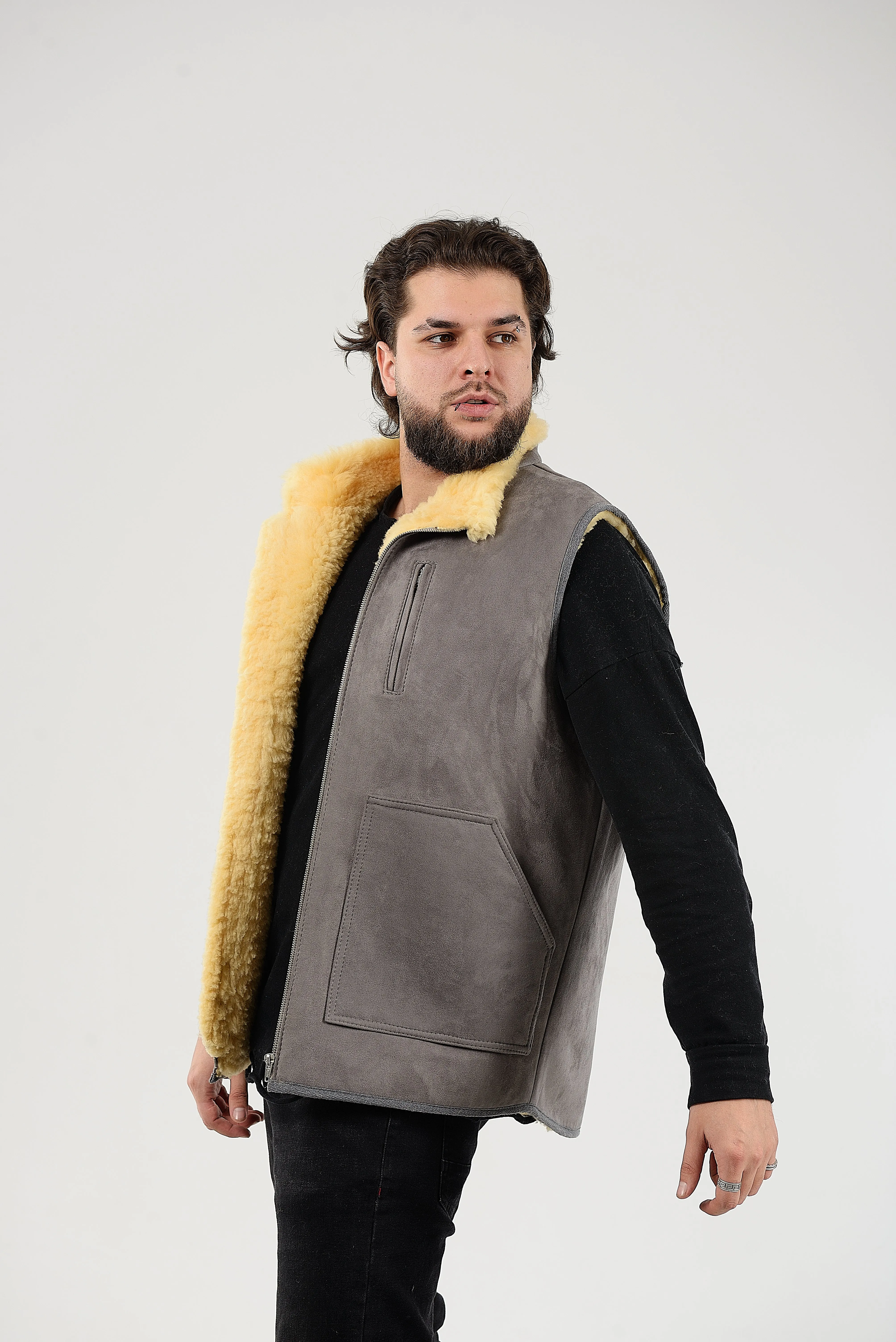 Gray Sheepskin Vest with Patch Pocket Medical Sheepskin Hypoallergenic