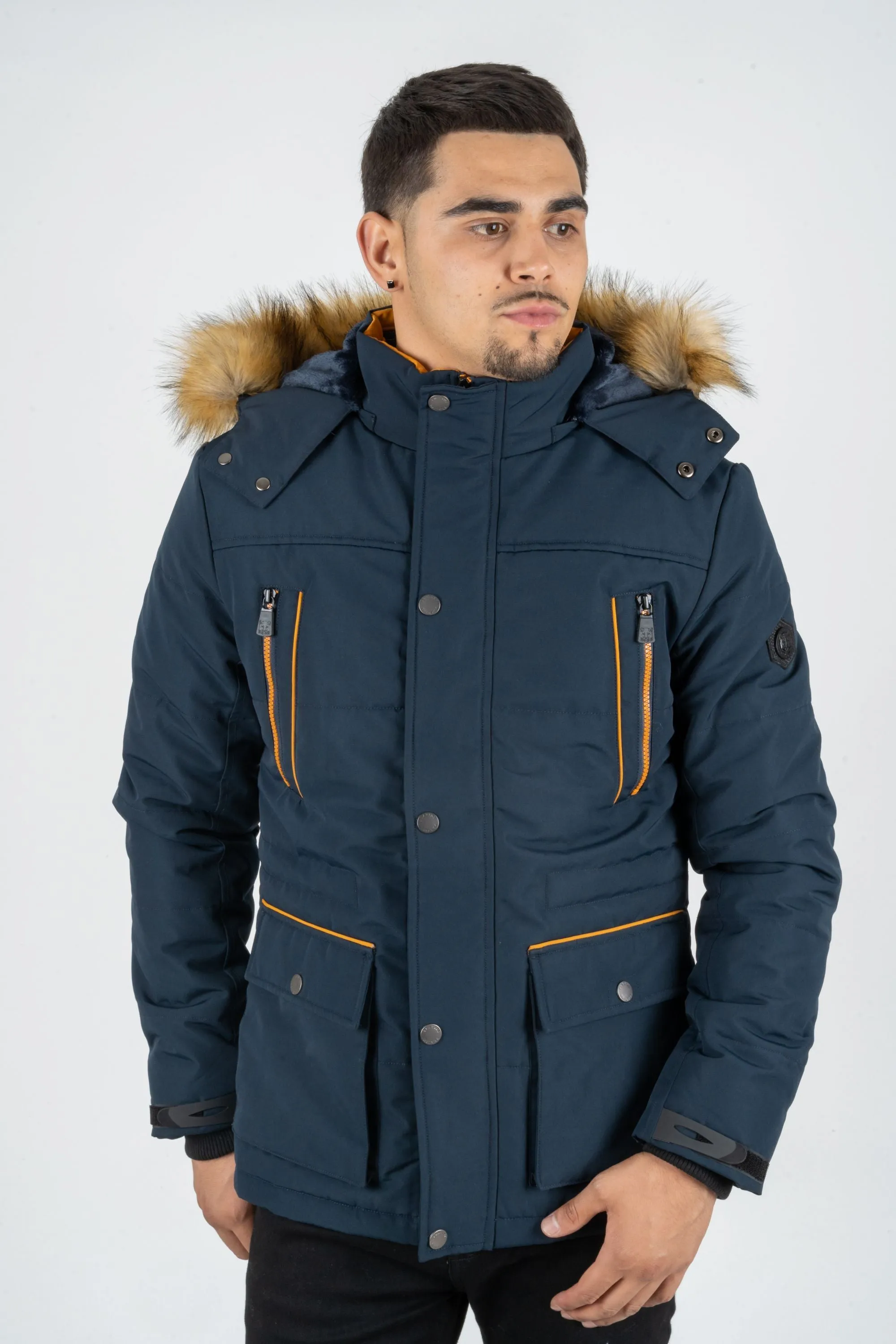 MEN'S LONG WINTER JACKET WITH FAUX FUR TRIMMED HOOD | NAVY | JKT7985