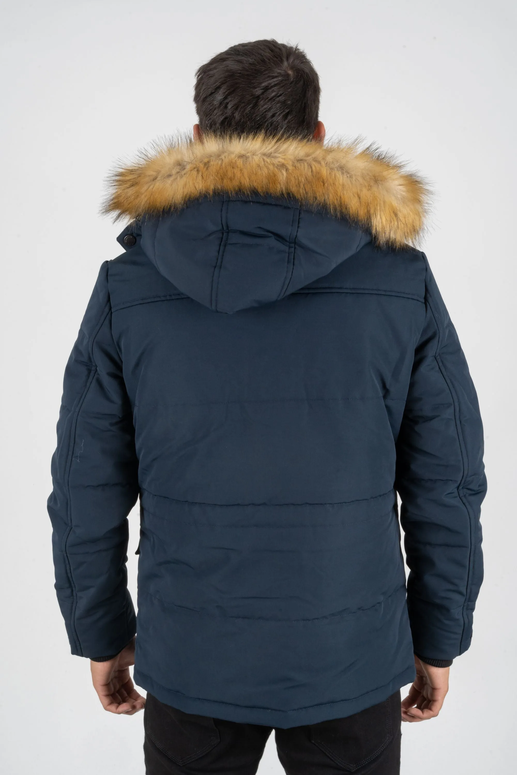 MEN'S LONG WINTER JACKET WITH FAUX FUR TRIMMED HOOD | NAVY | JKT7985