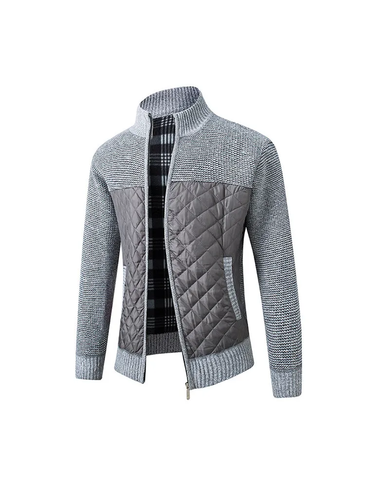 Men'S Stand Collar Striped Plaid Zipper Velvet Fashion Warm Knitted Jacket Quilted Coat