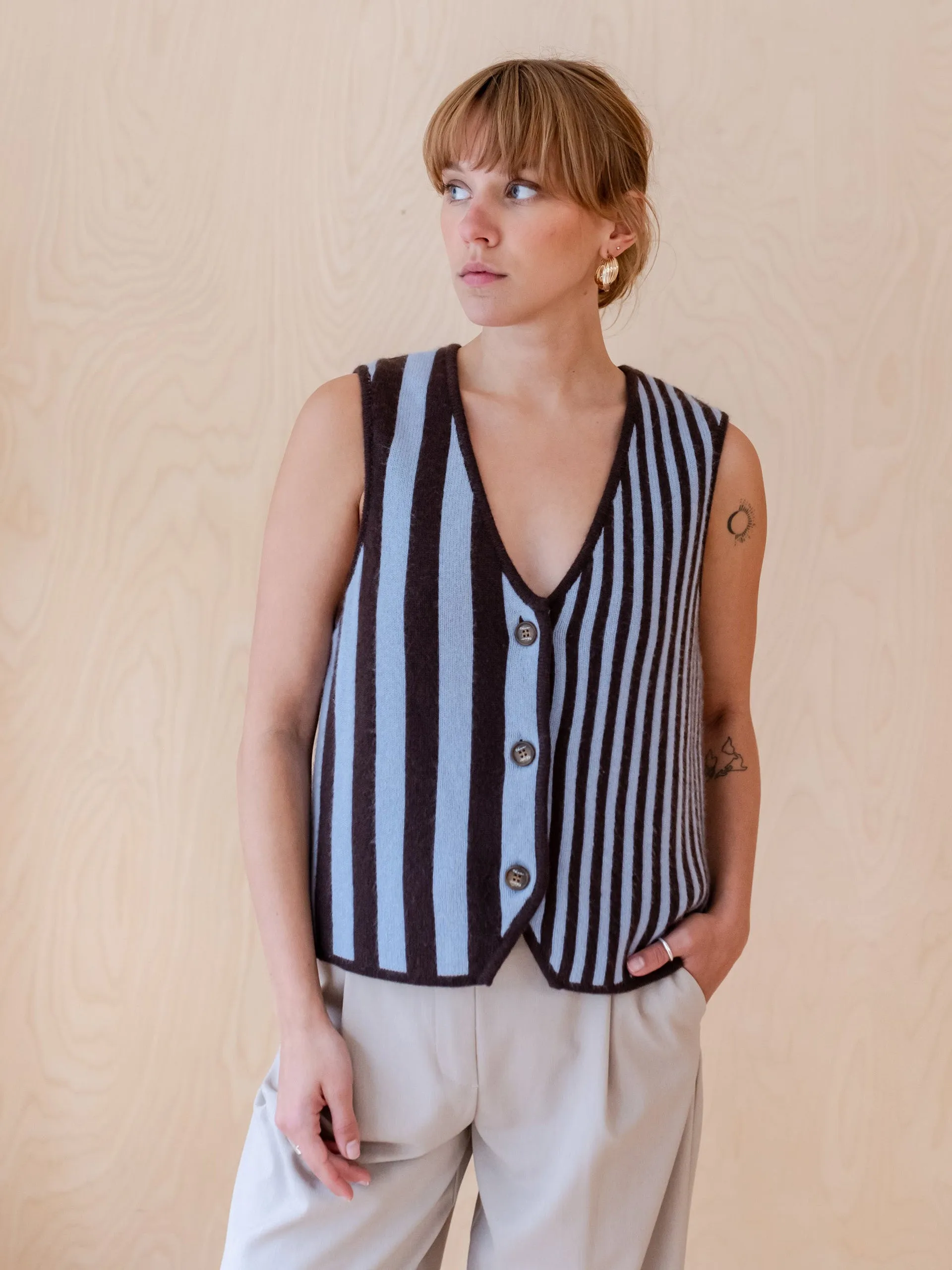 Merino wool vest in blue stripe