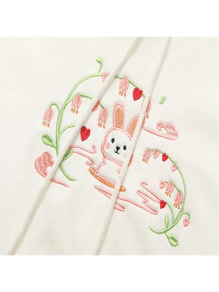 Metaversmall Fleece Thick Women Hoodies And Sweatshirts Cartoon Rabbit Embroidery Winter Flare Sleeve Kawaii Pullover Tracksuits