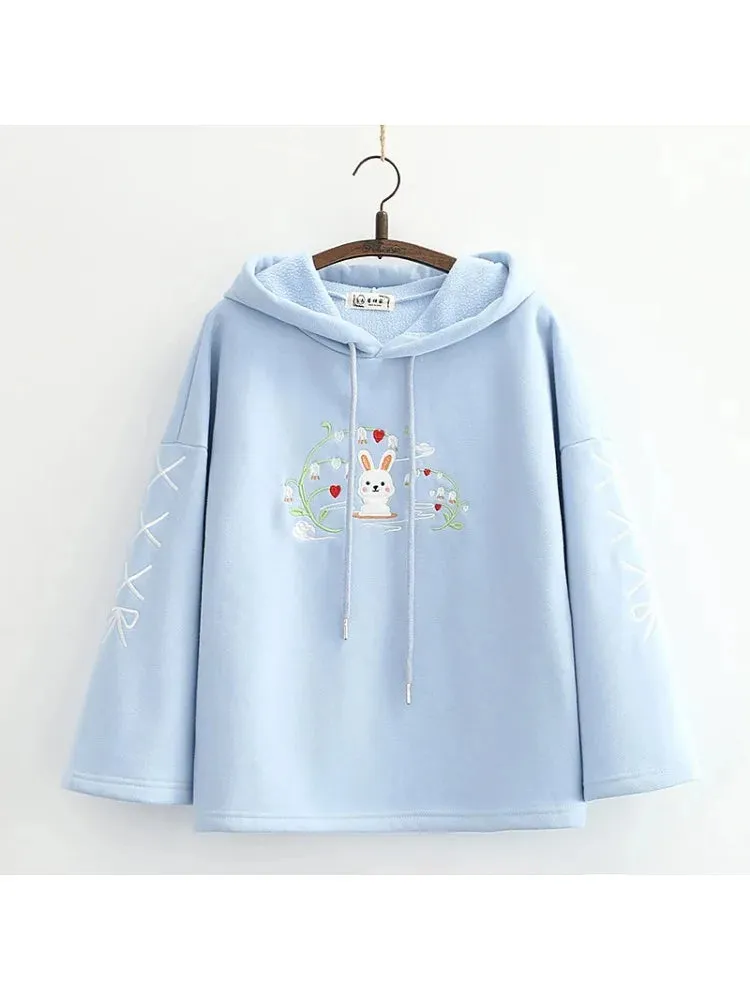 Metaversmall Fleece Thick Women Hoodies And Sweatshirts Cartoon Rabbit Embroidery Winter Flare Sleeve Kawaii Pullover Tracksuits