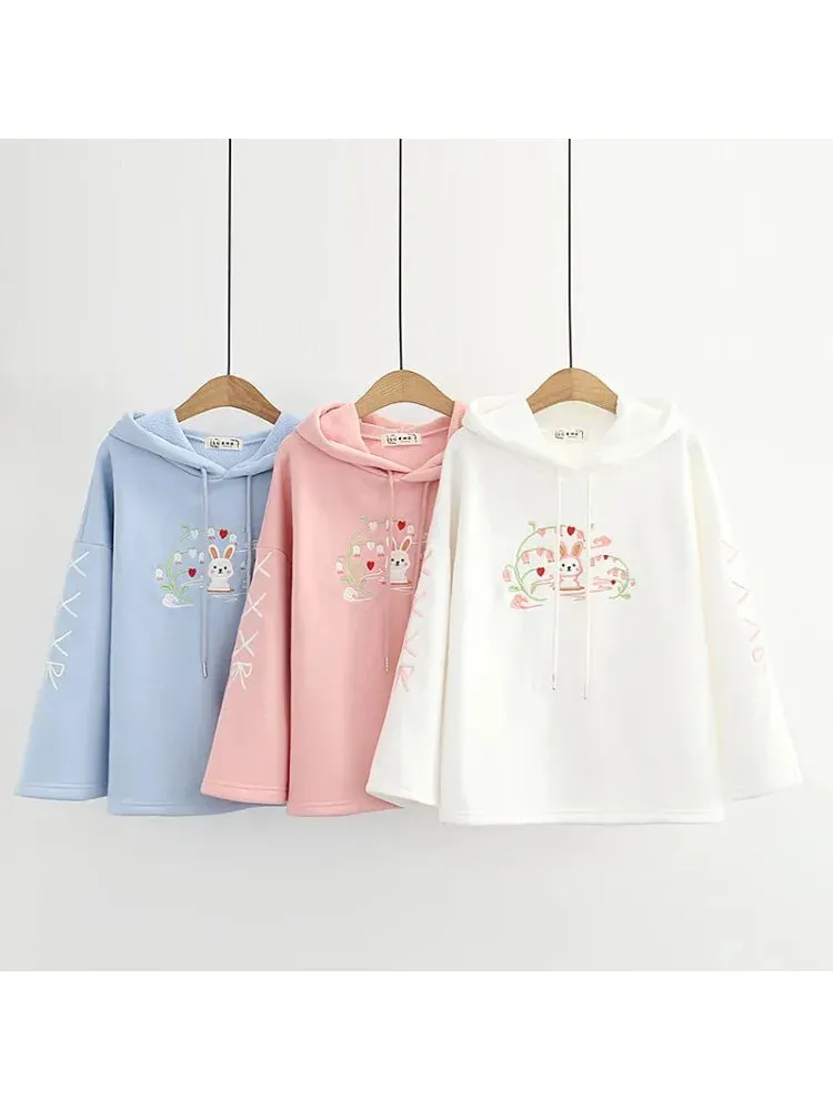 Metaversmall Fleece Thick Women Hoodies And Sweatshirts Cartoon Rabbit Embroidery Winter Flare Sleeve Kawaii Pullover Tracksuits