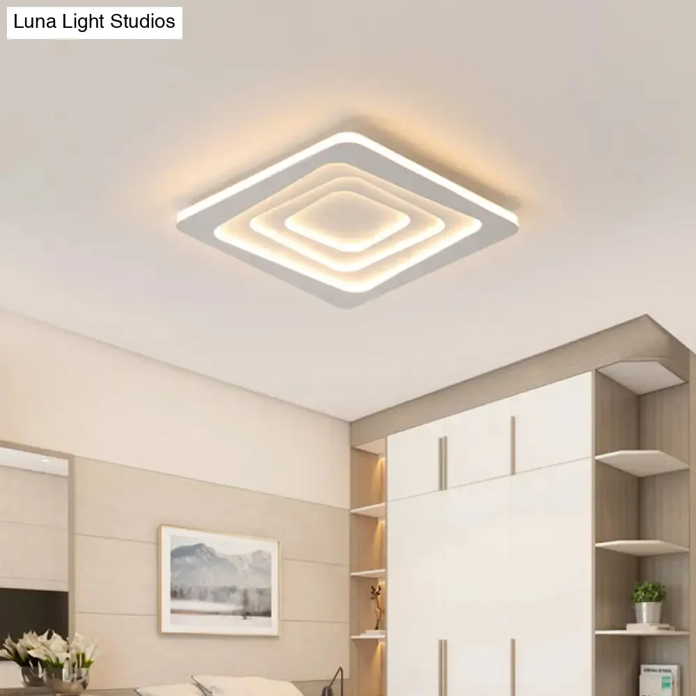 Modern Layered Square Ceiling Light - LED Flush Mount Lamp with Stepless Dimming, Remote Control - Metallic White Finish in Warm/White Light