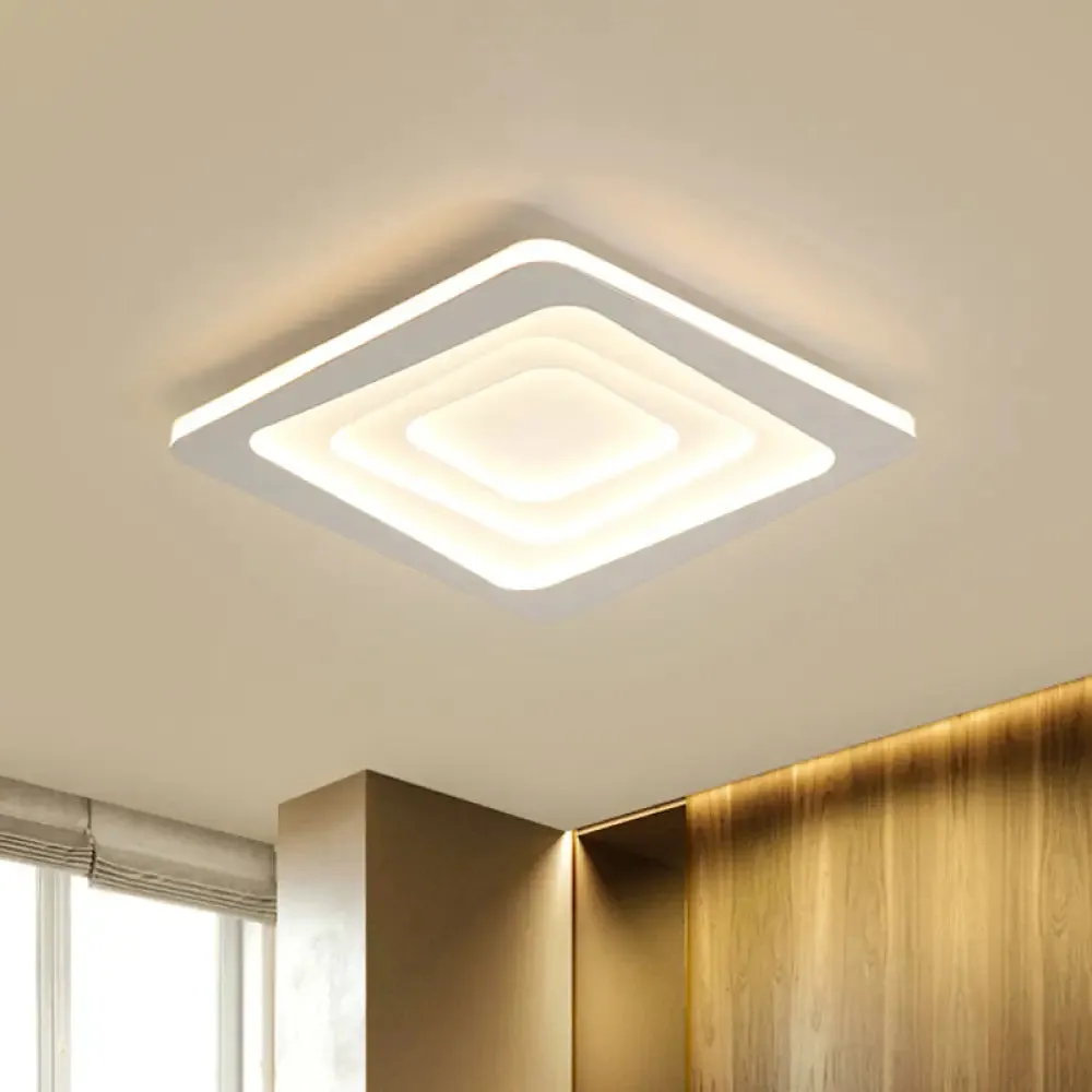 Modern Layered Square Ceiling Light - LED Flush Mount Lamp with Stepless Dimming, Remote Control - Metallic White Finish in Warm/White Light