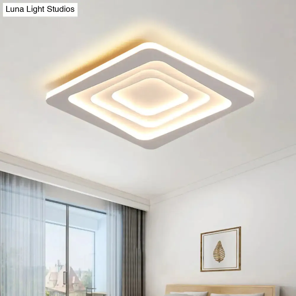 Modern Layered Square Ceiling Light - LED Flush Mount Lamp with Stepless Dimming, Remote Control - Metallic White Finish in Warm/White Light