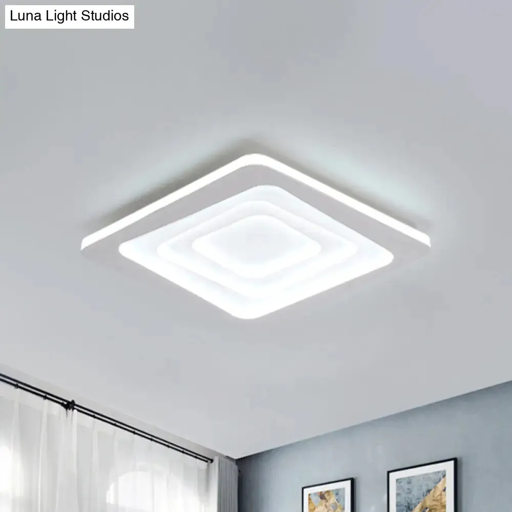 Modern Layered Square Ceiling Light - LED Flush Mount Lamp with Stepless Dimming, Remote Control - Metallic White Finish in Warm/White Light