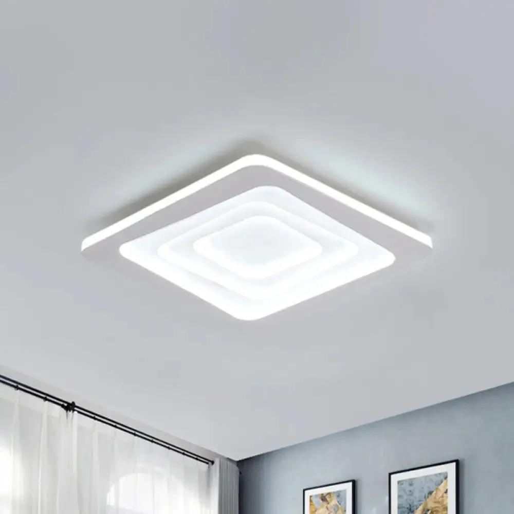 Modern Layered Square Ceiling Light - LED Flush Mount Lamp with Stepless Dimming, Remote Control - Metallic White Finish in Warm/White Light