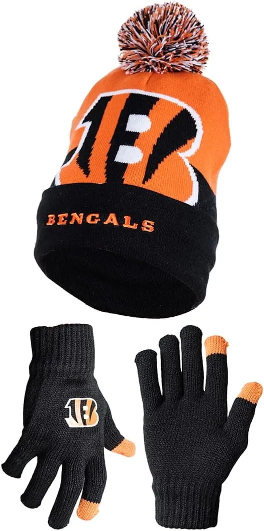 NFL Official Adults Unisex Super Soft Winter Beanie Knit Hat With Extra Warm Touch Screen Gloves|Cincinnati Bengals