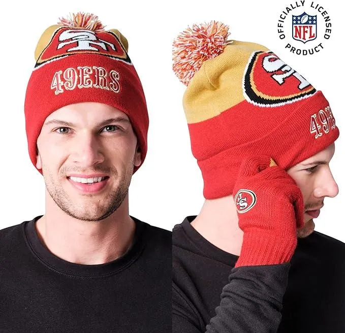 NFL Official Adults Unisex Super Soft Winter Beanie Knit Hat With Extra Warm Touch Screen Gloves|San Francisco 49ers