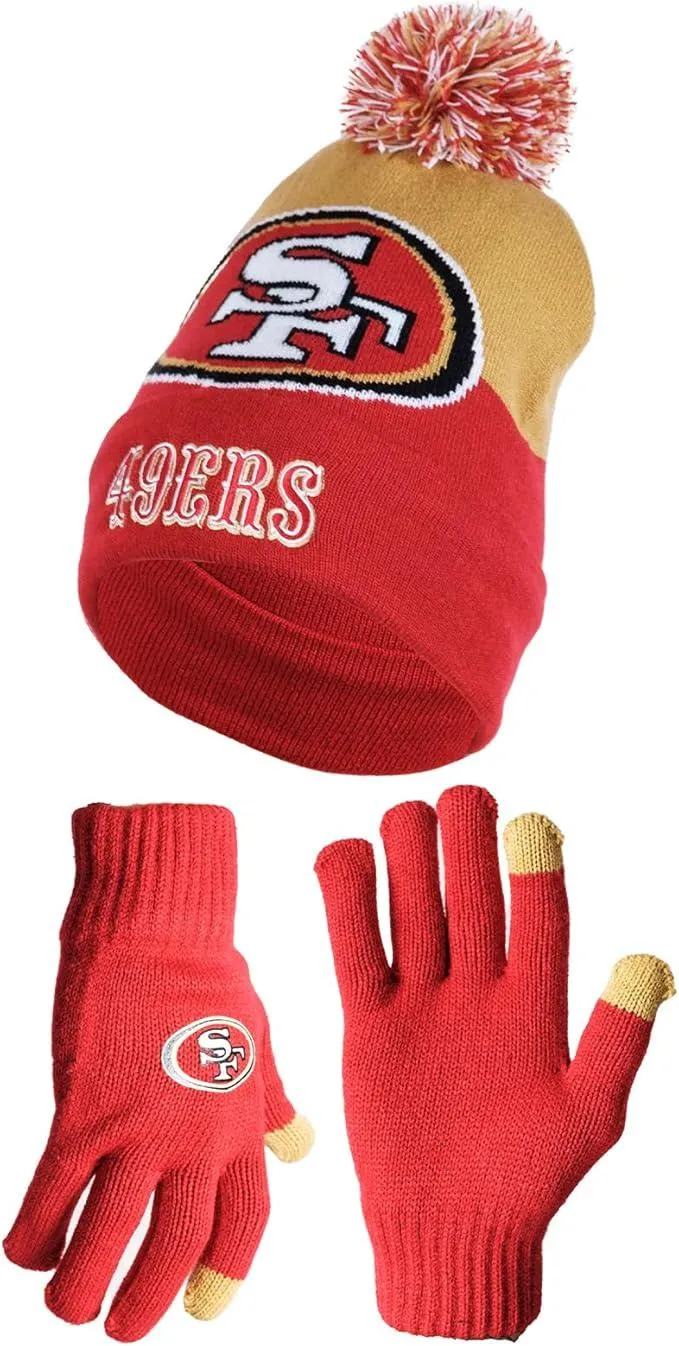 NFL Official Adults Unisex Super Soft Winter Beanie Knit Hat With Extra Warm Touch Screen Gloves|San Francisco 49ers