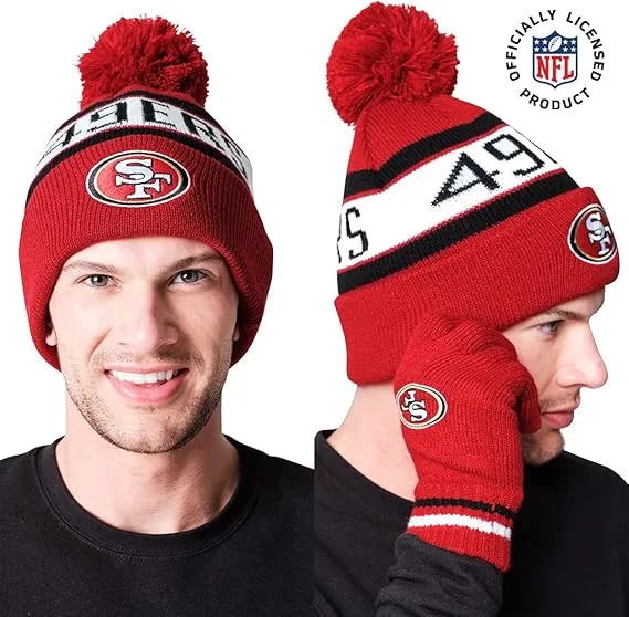 NFL Official Adults Unisex Super Soft Winter Beanie Knit Hat With Extra Warm Touch Screen Gloves|San Francisco 49ers