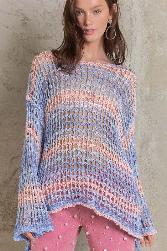 Oversized Open Knit Striped Pullover Sweater Top