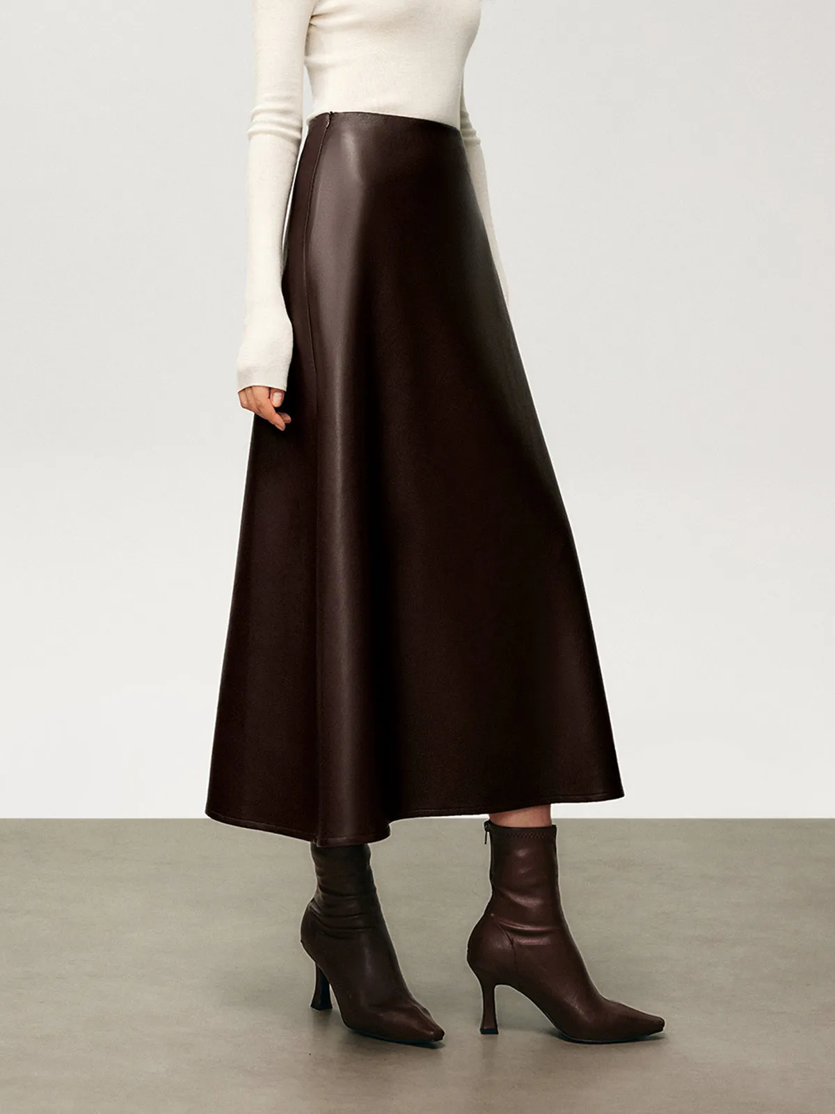 Pleated Faux Graceful Leather Midi Skirt