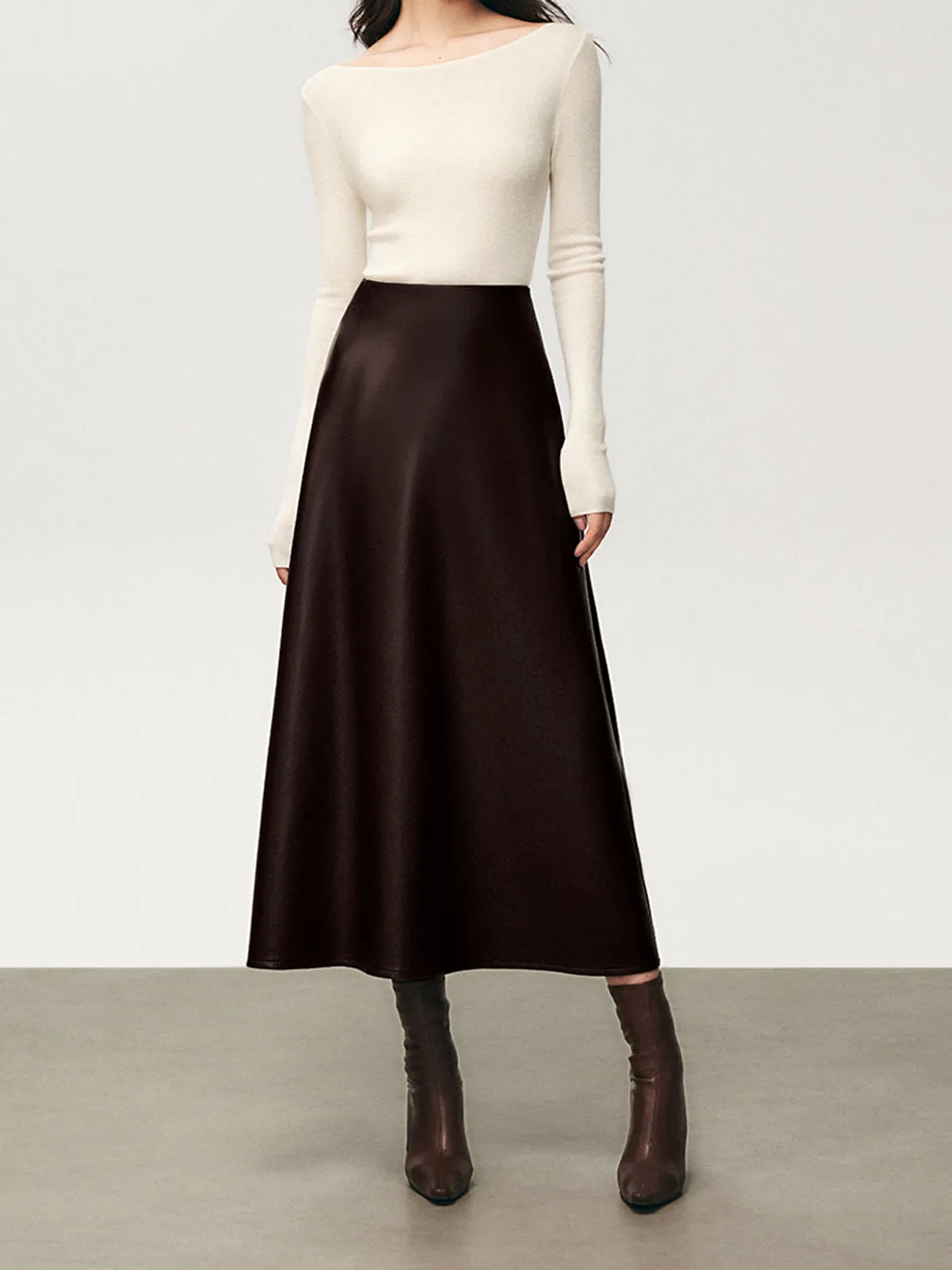 Pleated Faux Graceful Leather Midi Skirt