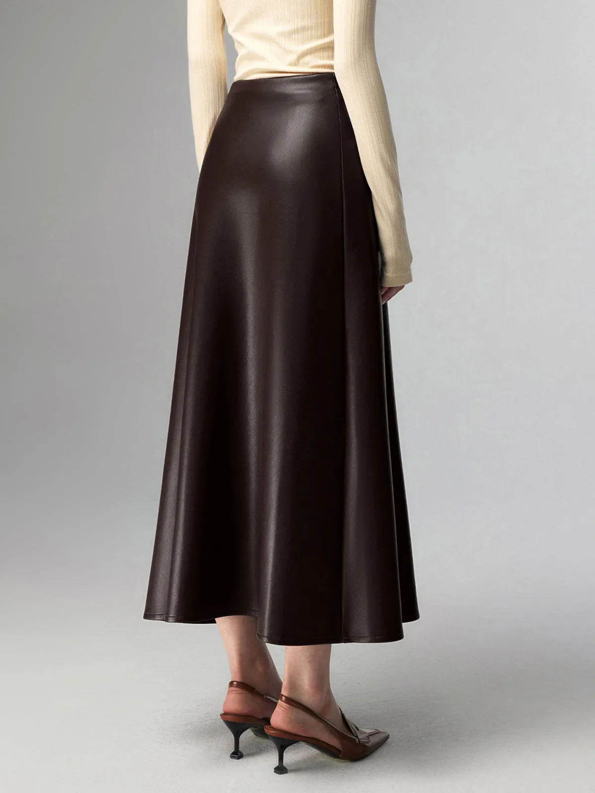 Pleated Faux Graceful Leather Midi Skirt