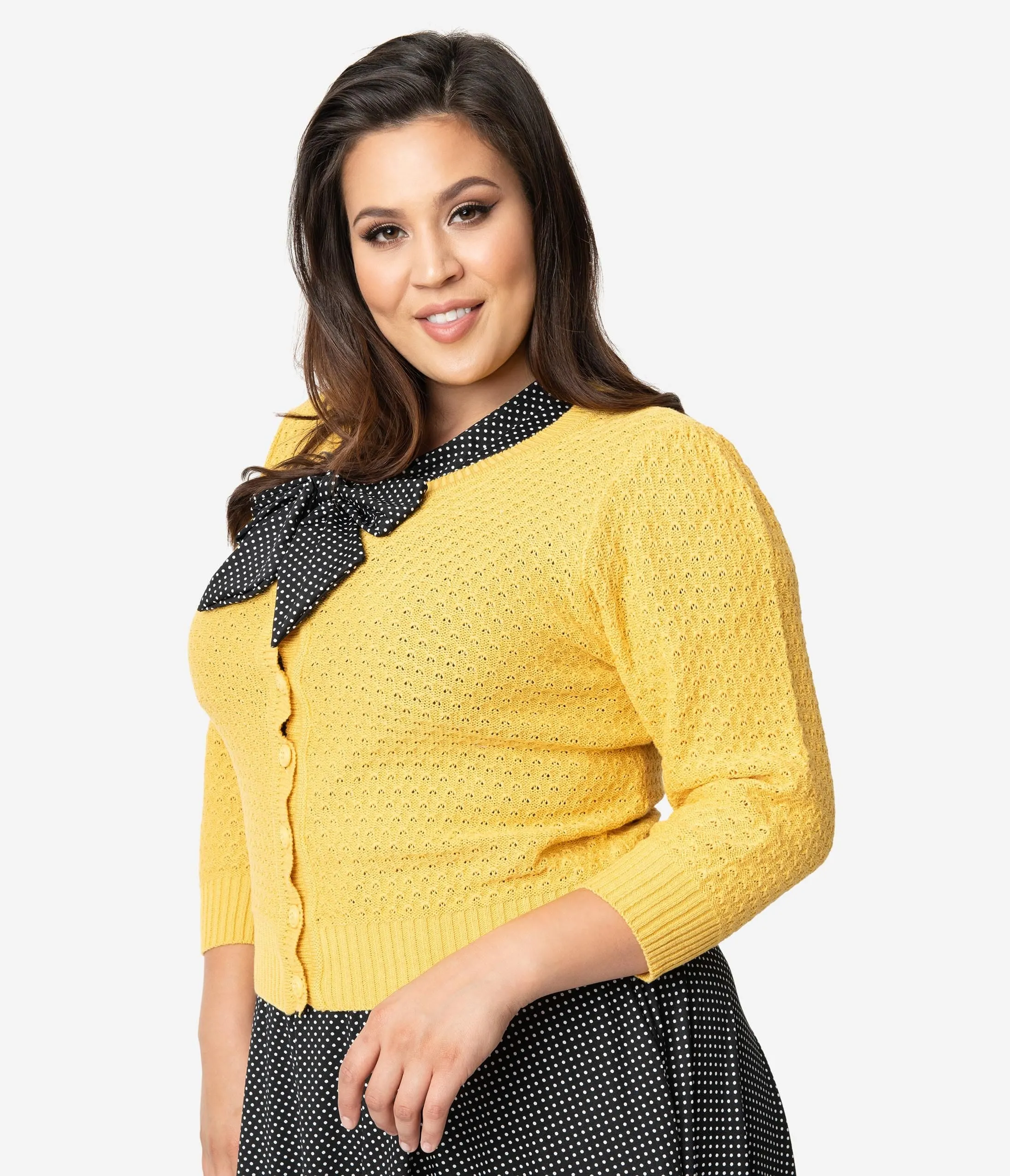 Plus Size Retro Style Honey Yellow Cotton Crochet Sleeved Button Cardigan