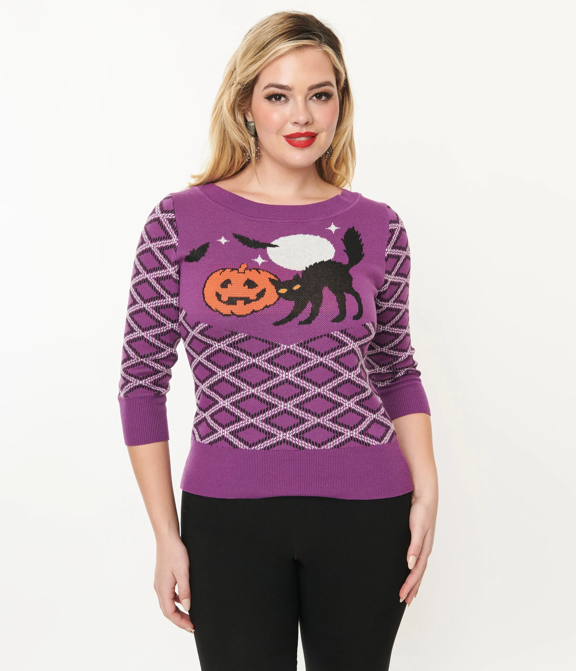 Smak Parlour Purple Plaid & Black Cat Sweater