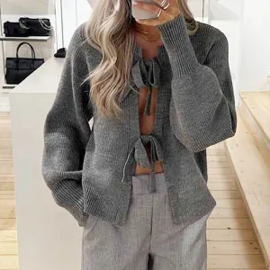 Toleet-Y2K Kawaii Tie Front Long Sleeve Sweater Coat Women Fashion Loose Fit Knitwear Jackets Streetwear Autumn Winter Knit Cardigan