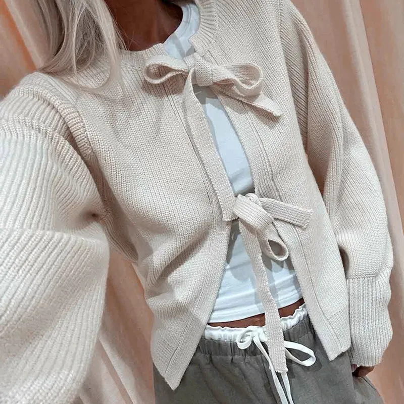 Toleet-Y2K Kawaii Tie Front Long Sleeve Sweater Coat Women Fashion Loose Fit Knitwear Jackets Streetwear Autumn Winter Knit Cardigan