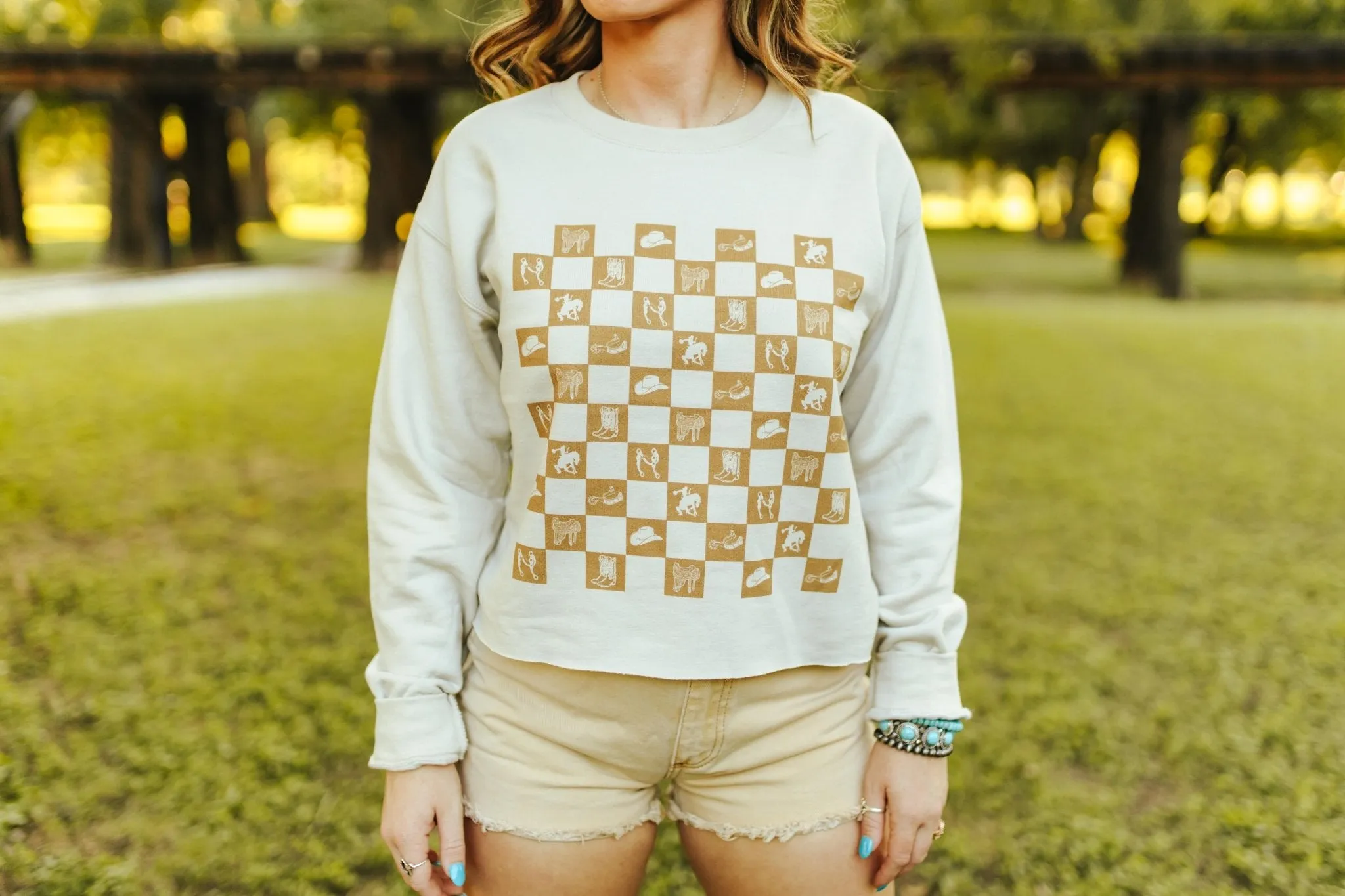 Western Checkers Raw Crop Graphic Sweatshirt