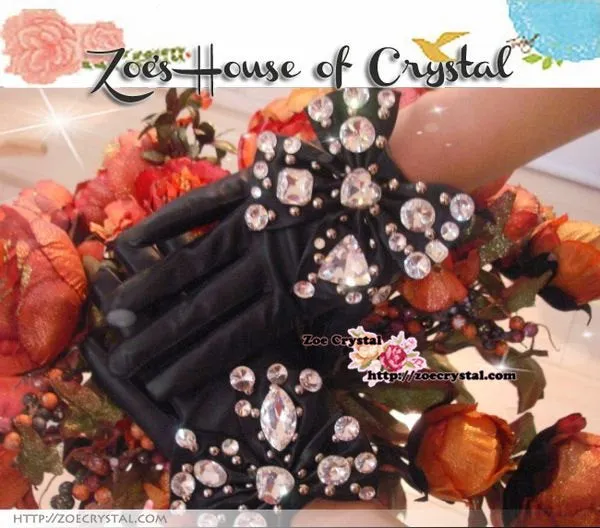 WINTER Sales- Black Leather Bow GLOVES with Elegant Crystals