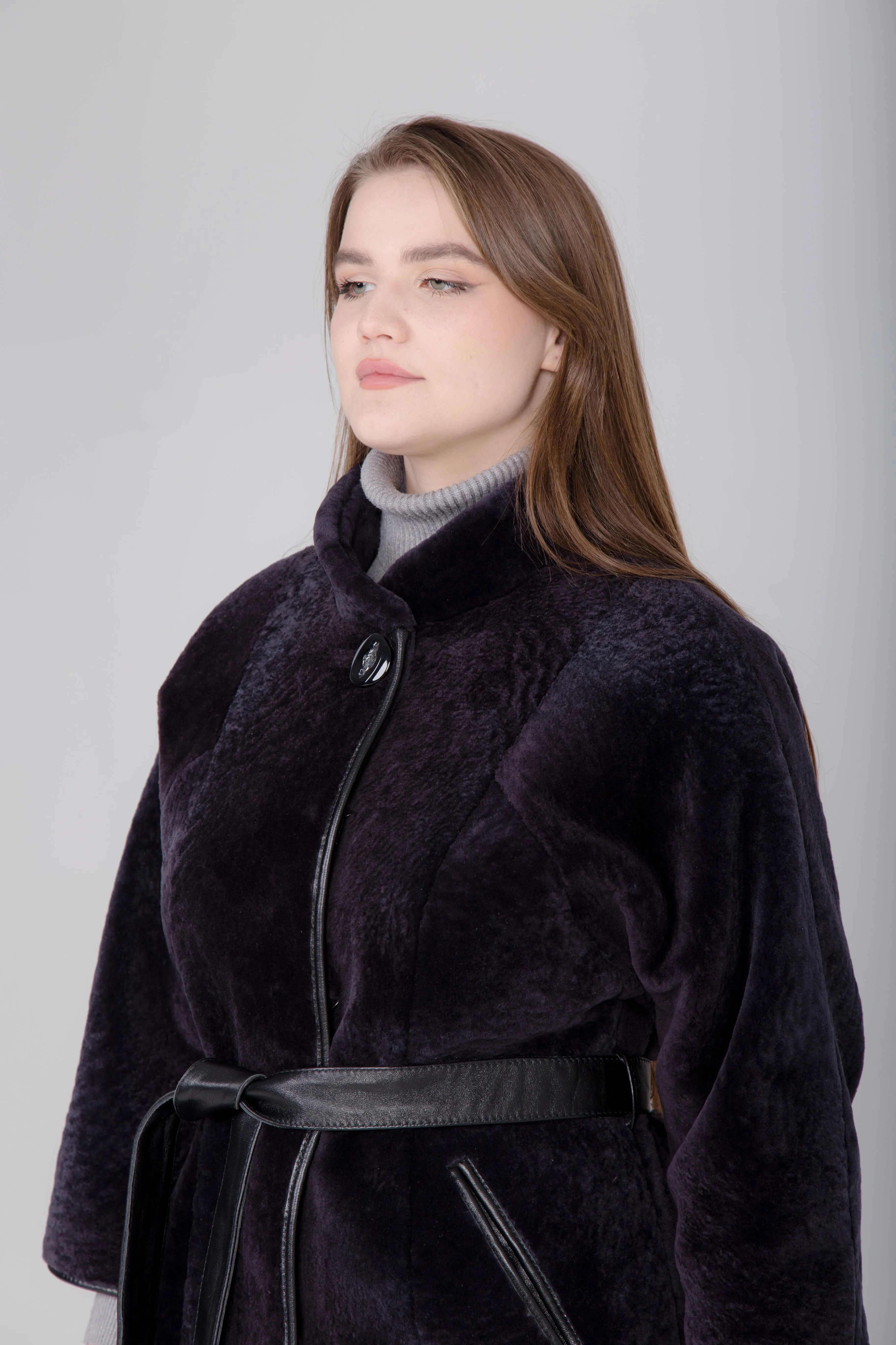 Womens Genuine Mouton Lambskin Fur Jacket 3/4 Sleeve and Leather Belt