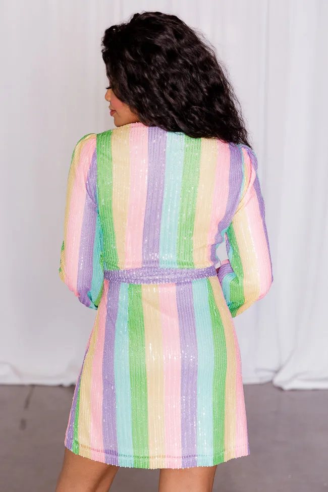 You're My Lover Pastel Multi Stripe Belted Sequin Mini Dress FINAL SALE